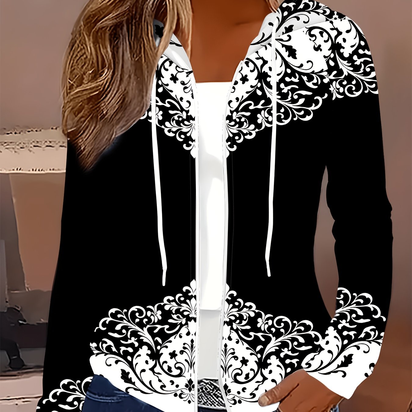 TEMU Printed Design Black And White Floral Pattern Women's Casual Jacket