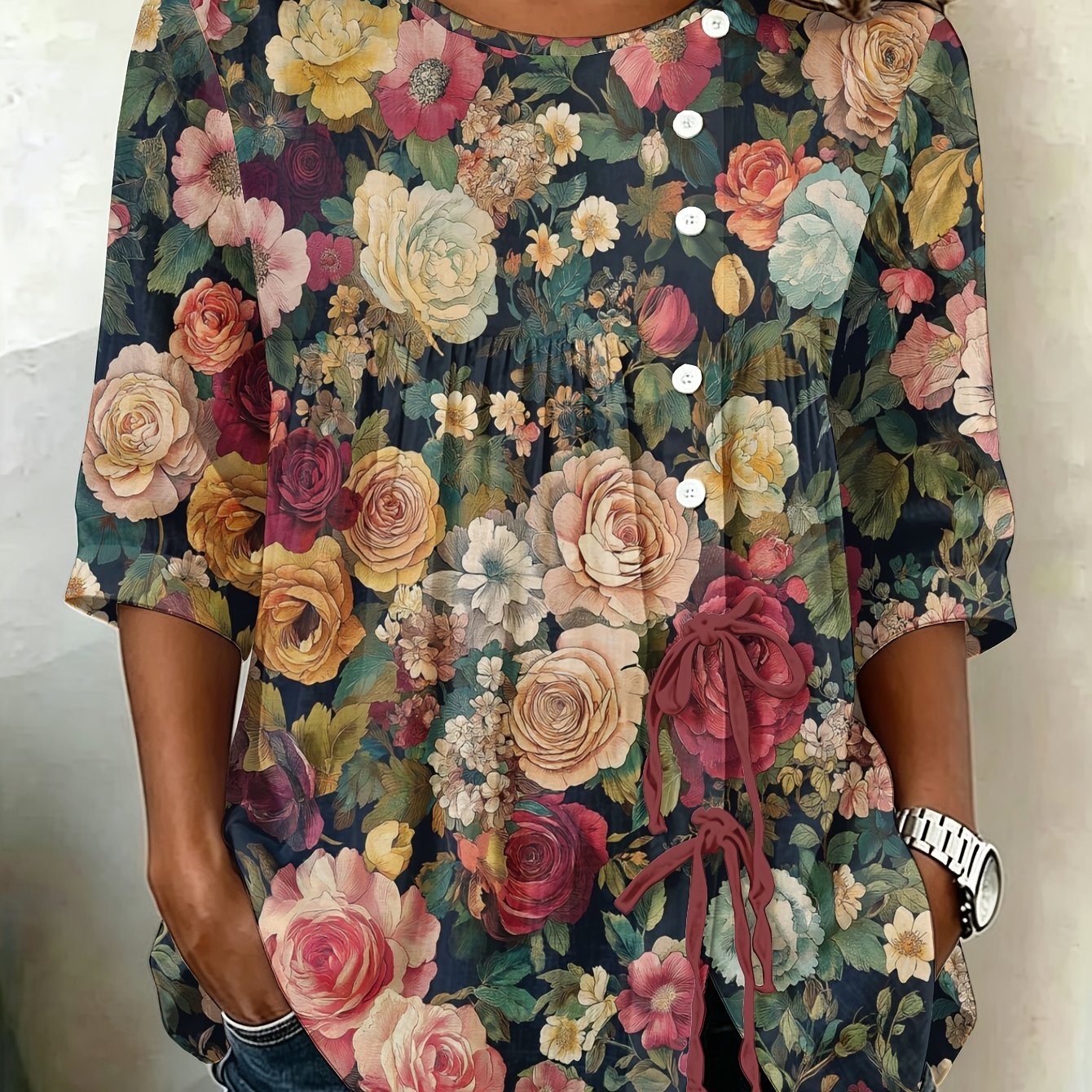 TEMU Plus Size - Vintage Romantic Women's Plus Size Button- Tie Front Top Oversized Longline Essential For Spring Summer Trend Floral Print High