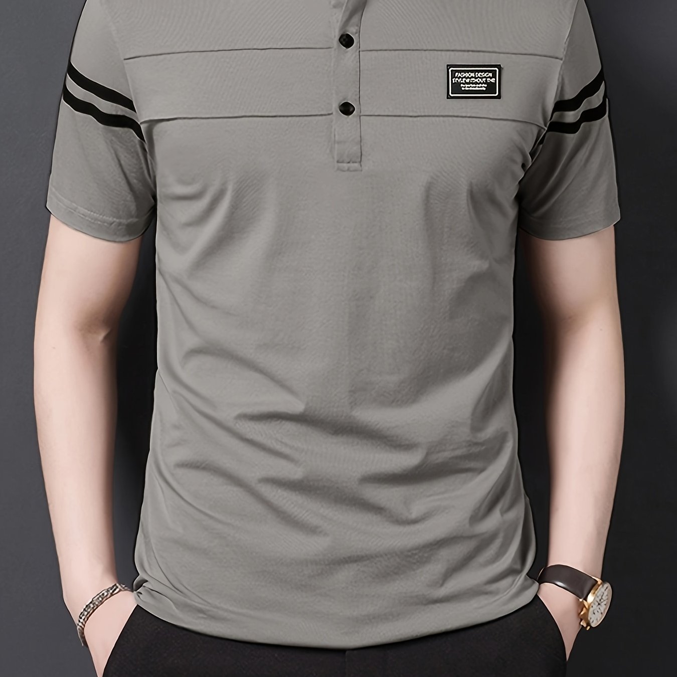 TEMU Summer Men's T-shirt, Solid Color Stand Collar Striped Short Sleeve Shirt, Suitable For Sports, Outdoor, Casual