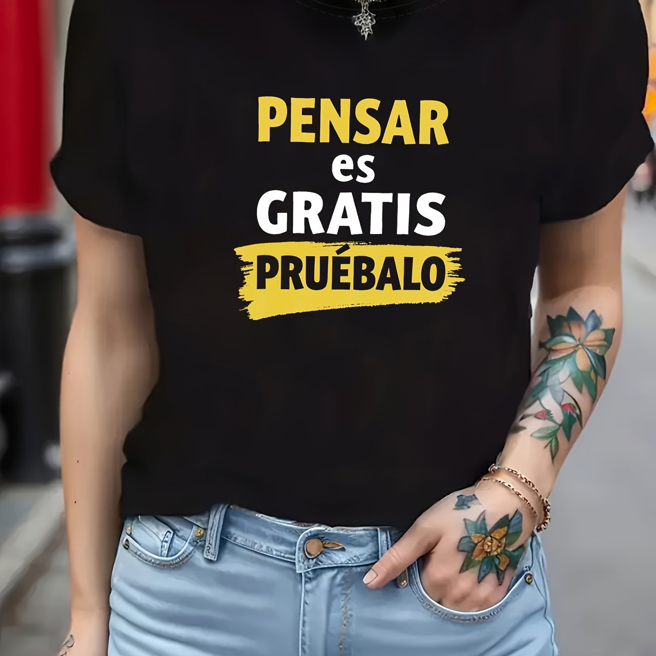 TEMU Camiseta de mujer con cuello y manga corta, ideal para y verano, con la ' en español es , inténtalo'.
