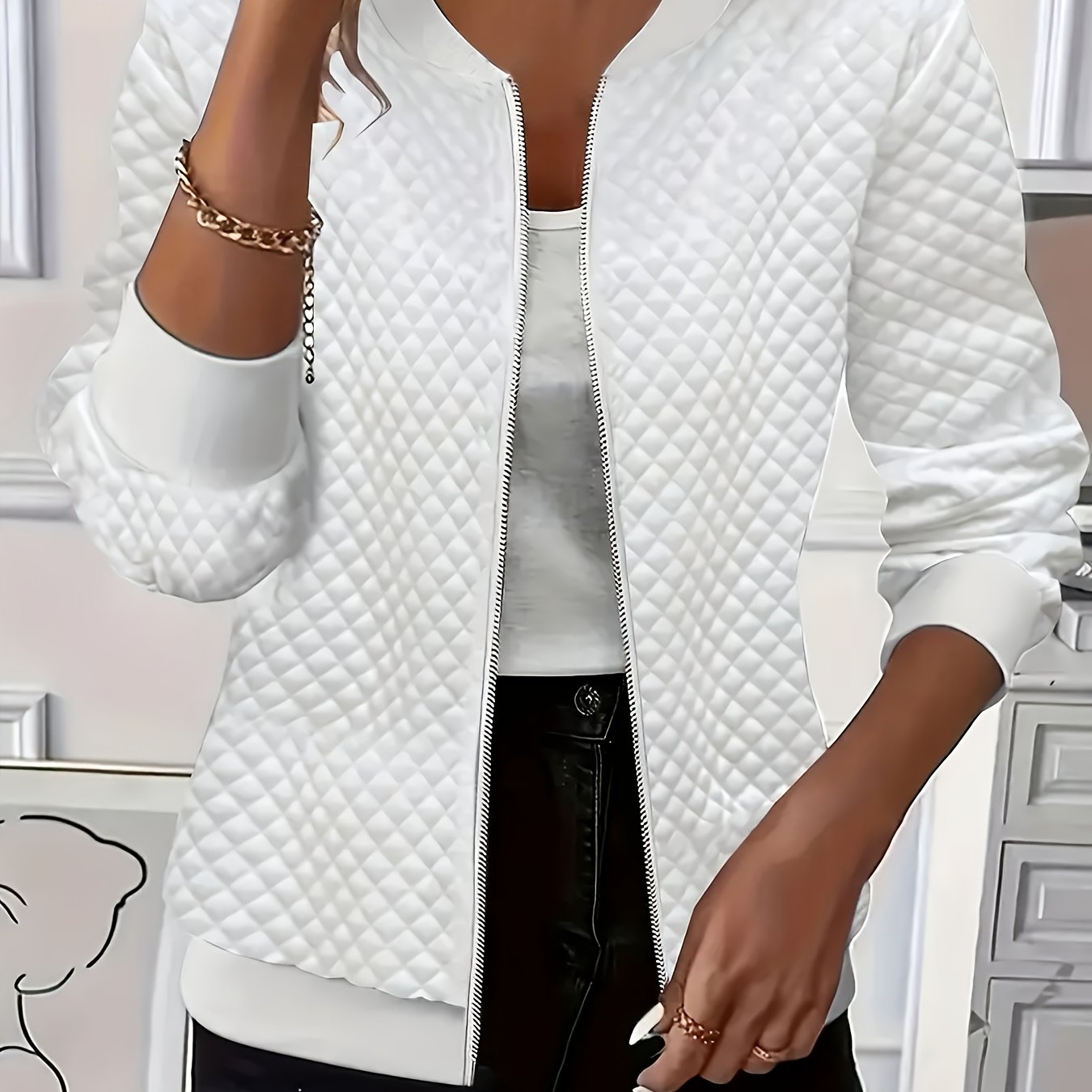 E-shop Modische, elegante Freizeitjacke, einfarbiger Stoff, Baseballjacke mit Reißverschluss und langen Ärmeln für Damen