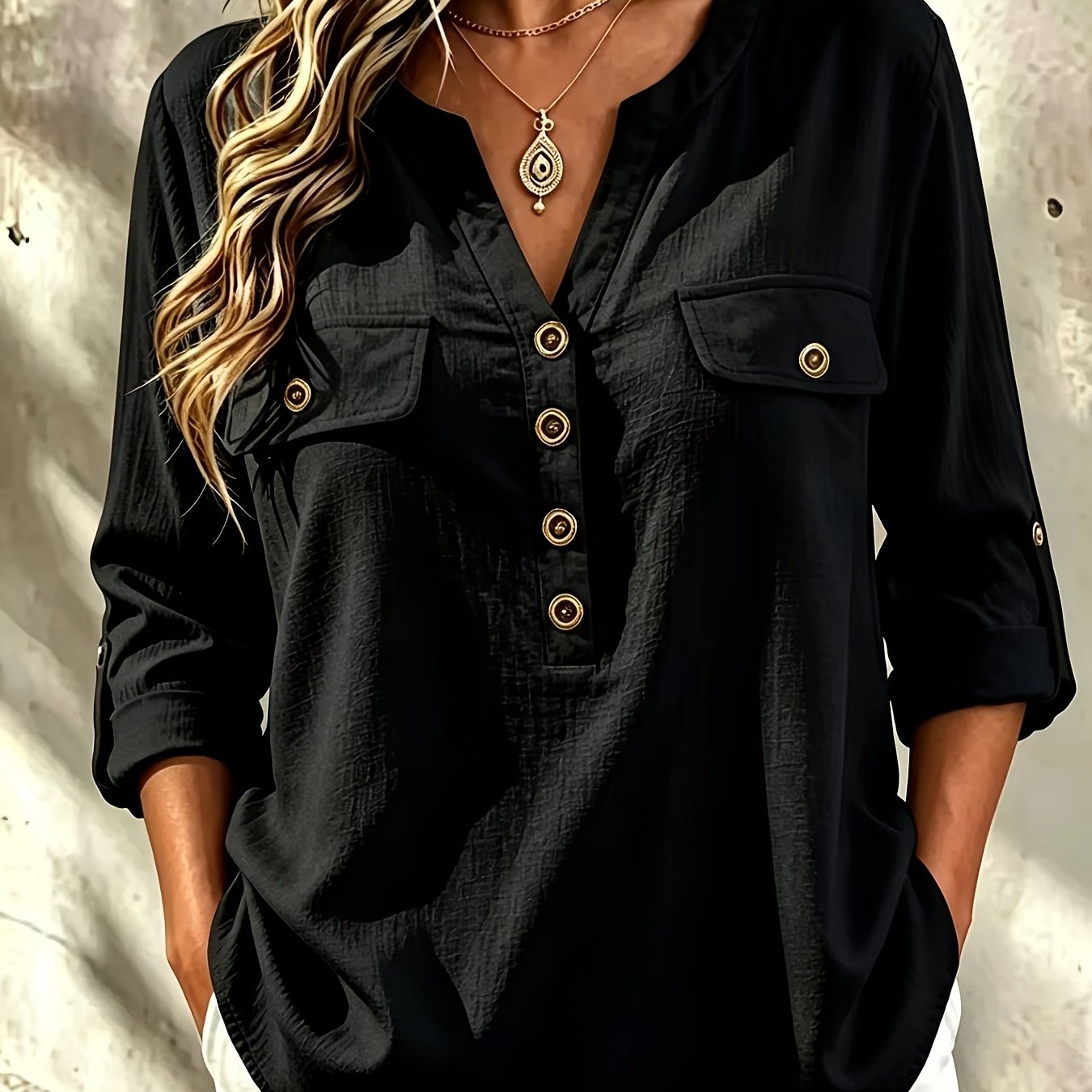 TEMU Grande Taille - Chemise Femme Grande Taille Couleur Unie Revers Manches Volées, Haut Longueur Standard Détails Boutons, Blouse Décontractée