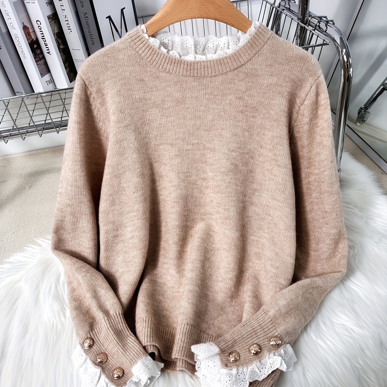 Image of Elegant Women's Lace-trimmed Knit Sweater - Chic Long Sleeve, Round Neck Pullover In Soft Beige/cream - Perfect For Autumn & Winter