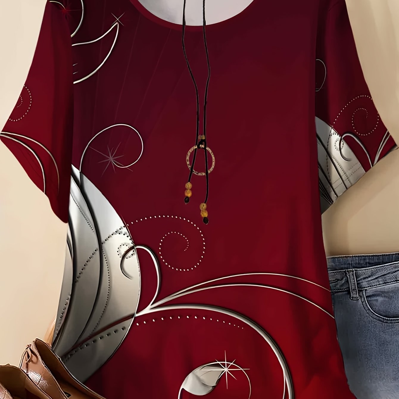 TEMU Plus Size Women's Round Neck Wine Red Printed Short Sleeve T-shirt, Summer Loose Top, Trendy Versatile Plus Size Women's Clothing