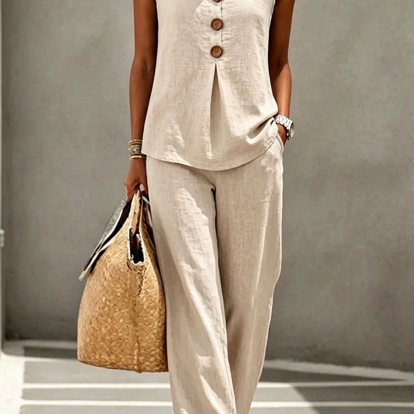 Women's 2pcs Set, A Casual Sleeveless Slit-neck Top With Straight-leg Pants. Fashionable Loose- For Daily Wear, Festival Street Photography, And Casual .