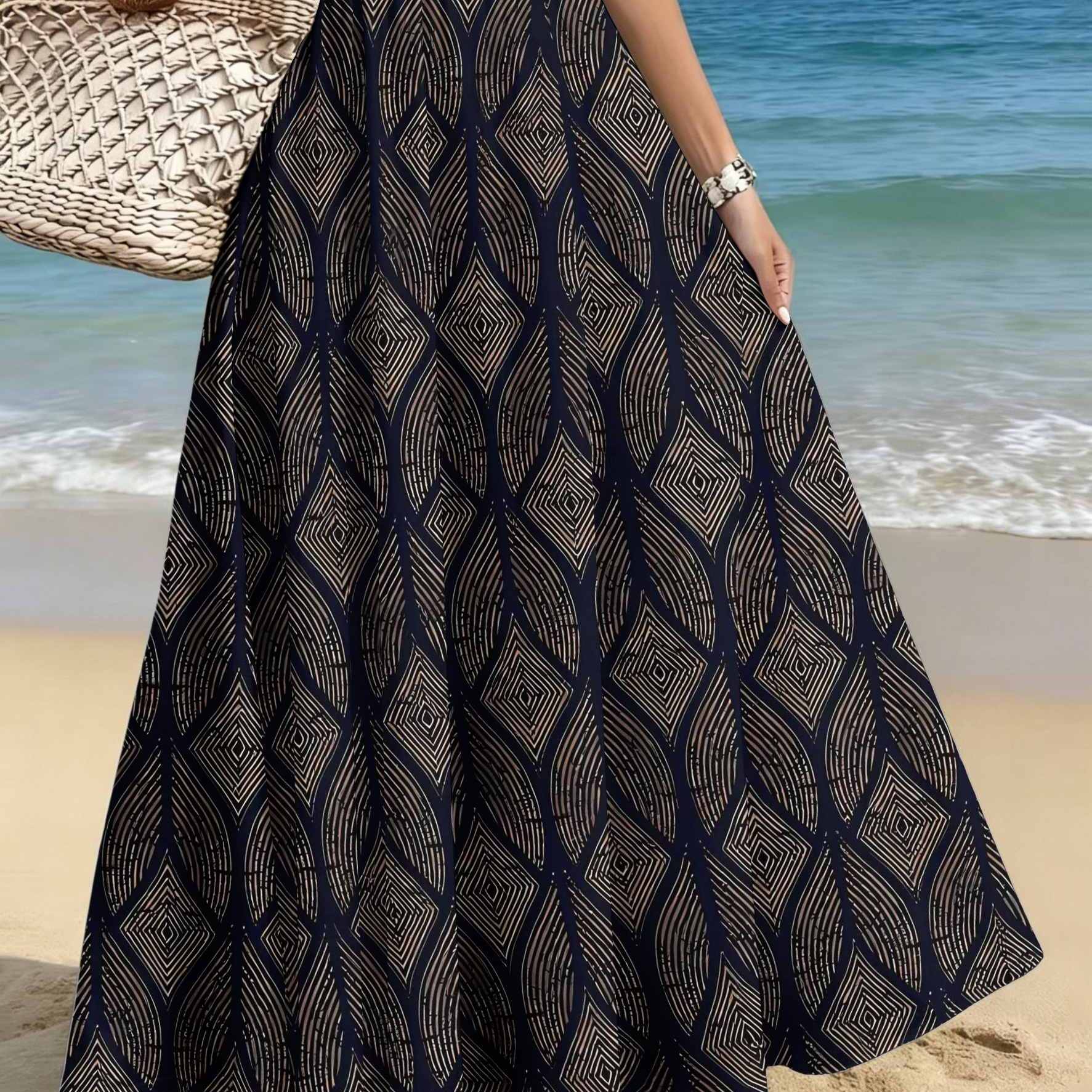TEMU Plus-size Women's Elegant And Stylish Half Skirt, Casual Printed Midi Skirt, Vintage Golden Diamond Pattern Print On Dark ,