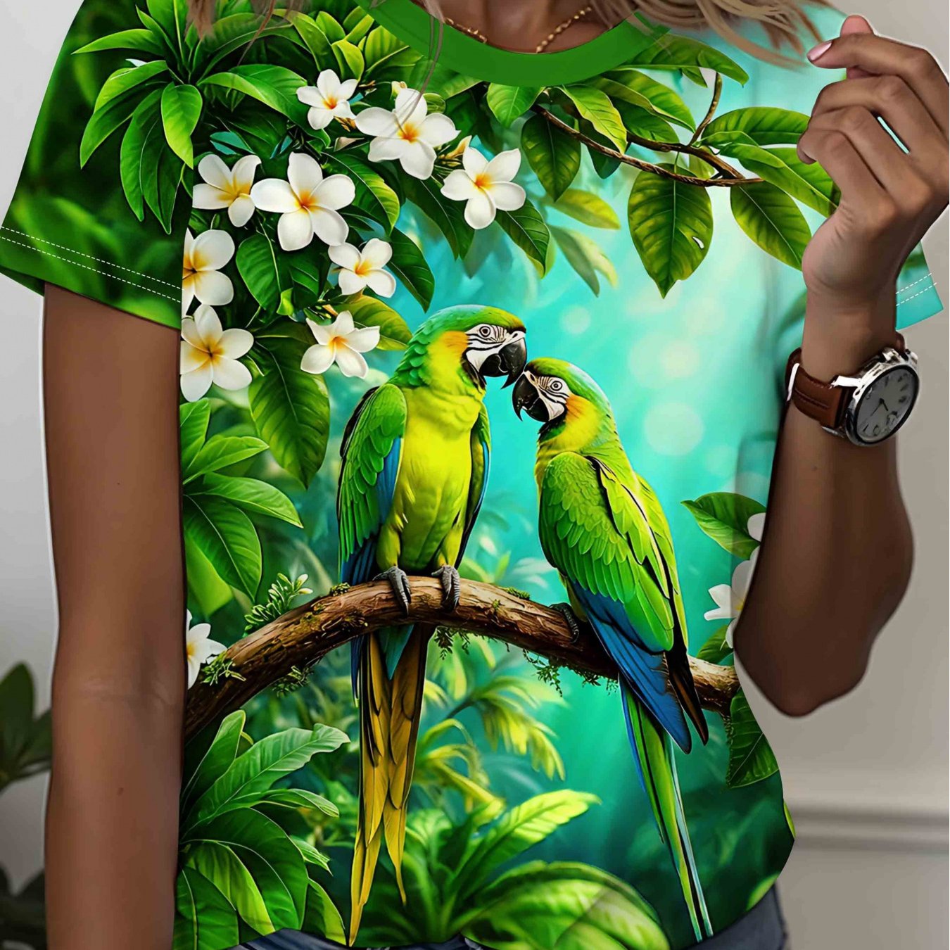 TEMU - Women's Parrot And White Floral Pattern Crew Neck T-shirt, Women's Sporty Casual Short Sleeve Top, Machine Washable, New Women's Summer