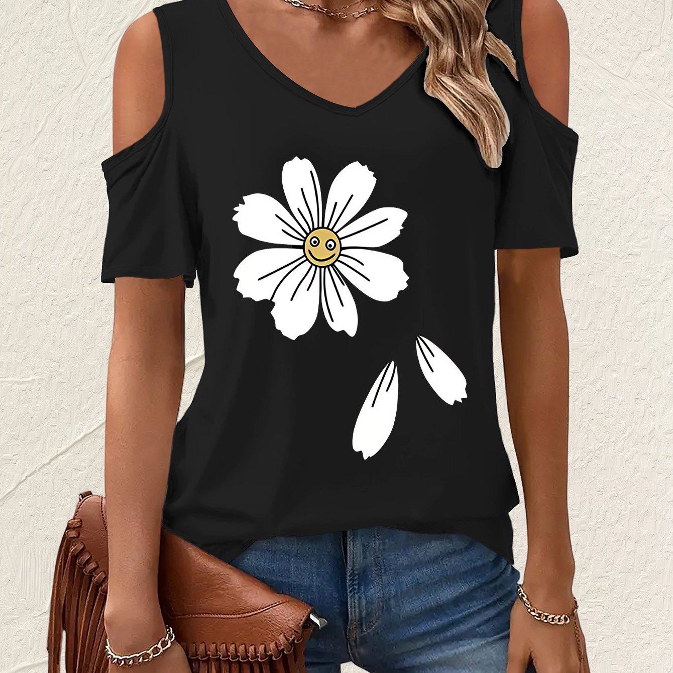 TEMU T-shirt con Stampa , Maglia Casual a Maniche Corte con Scollo a V per Estate e , Abbigliamento Donna