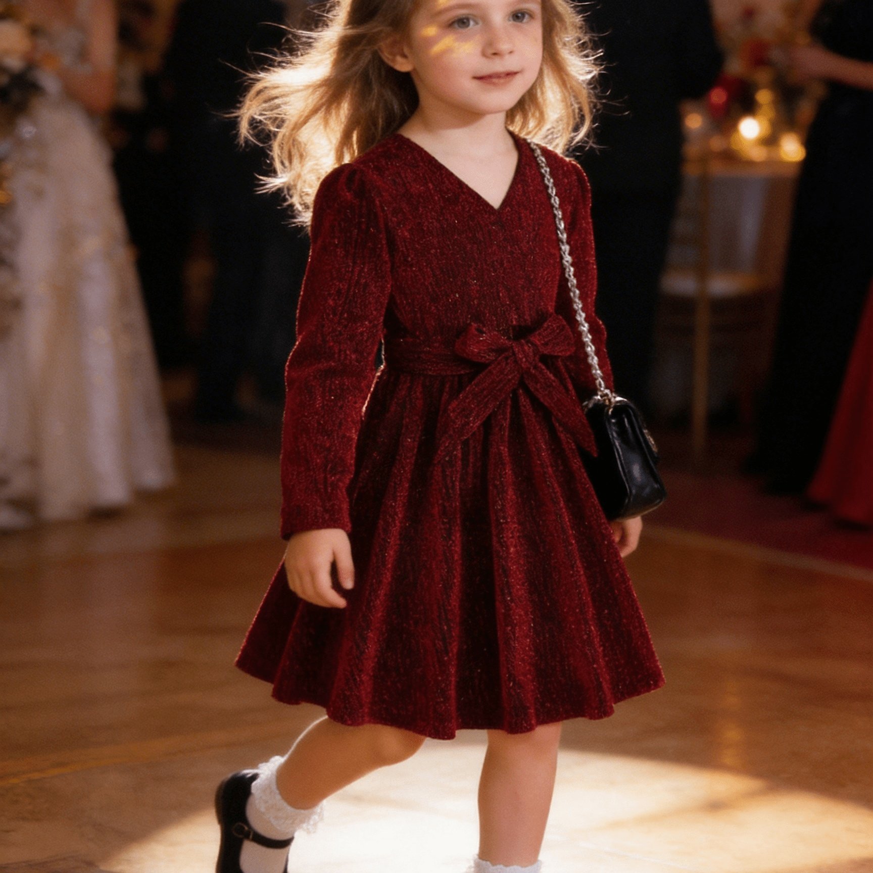 Image of Girls' Burgundy V-neck Long Sleeve A-line Dress With Belt - Knee-length Party Wedding Easter Dress, Winter Formal Attire, Machine Washable Maroon Gown For Events & Special Occasions (girls 4-12 Years)