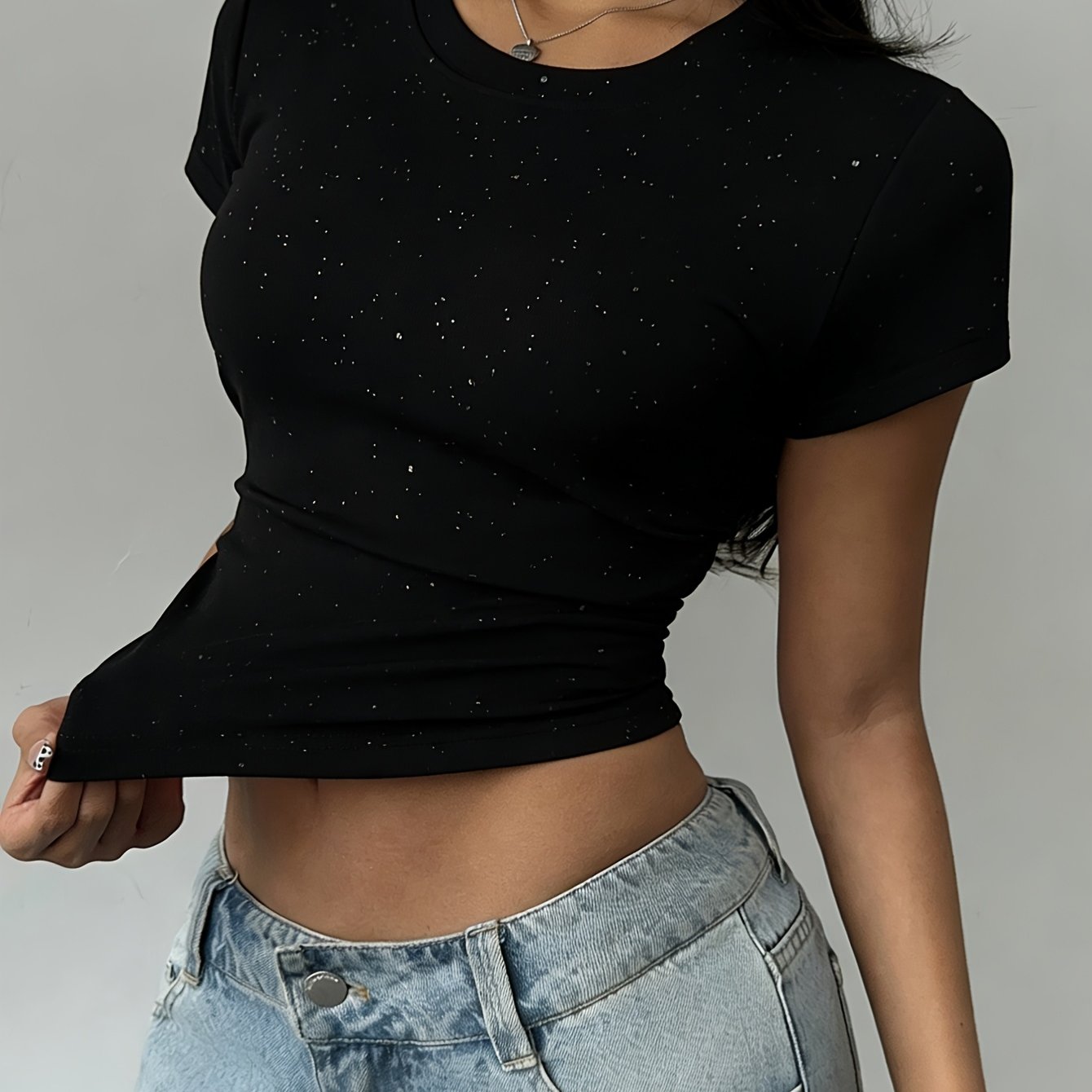 TEMU Summer Black Fine Glitter Sexy Fashion Casual Vacation Simple Round Neck Square Shoulder Slim Fit Minimalist -shirt