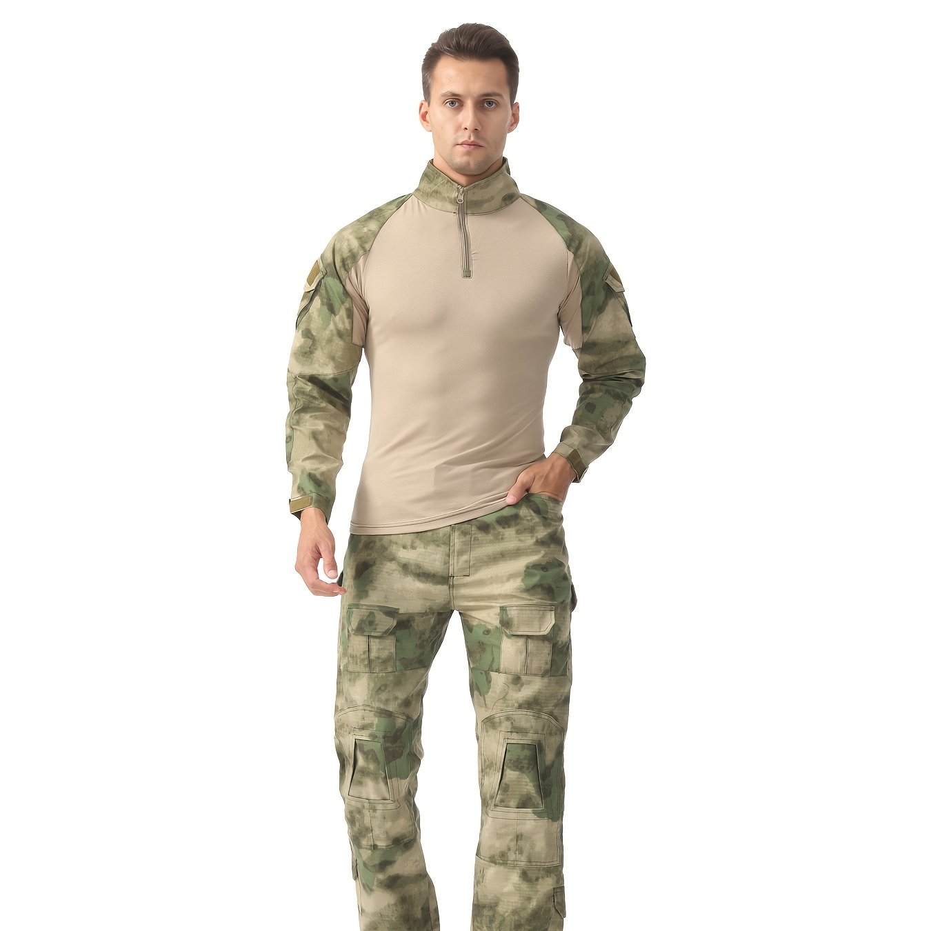 Men&#39;S Tactical Frog Print Casual Set - Windproof Long Sleeve, Quarter Zip, Stand Collar, Non-Stretch Fabric, Four-Quarter Zipper, Adjustable Cuffs - Ideal for Outdoor Hiking, Fitness, Cycling &amp; Casual Wear, Outdoor Wear|Camouflage Print Set|Softshell Camouflag