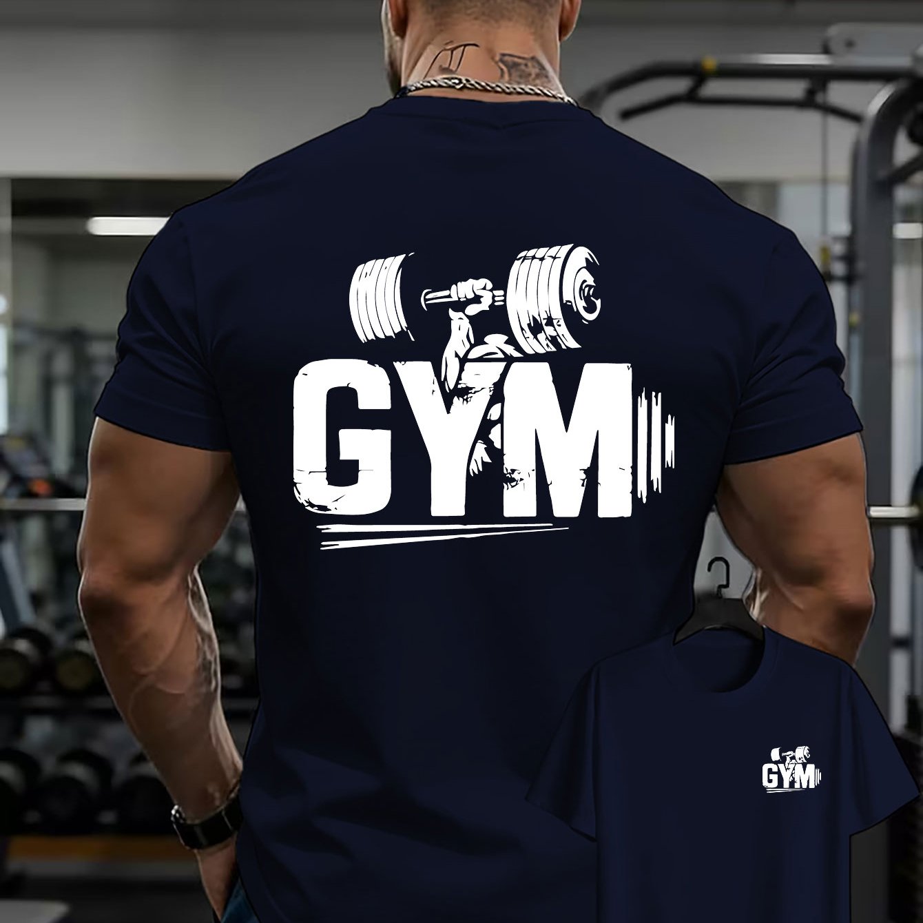 TEMU Men's Breathable Gym T-shirt With Double-sided Fitness Print - Short Sleeve Workout Shirt Suitable For Home, Outdoor, Casual Wear, Dumbbell