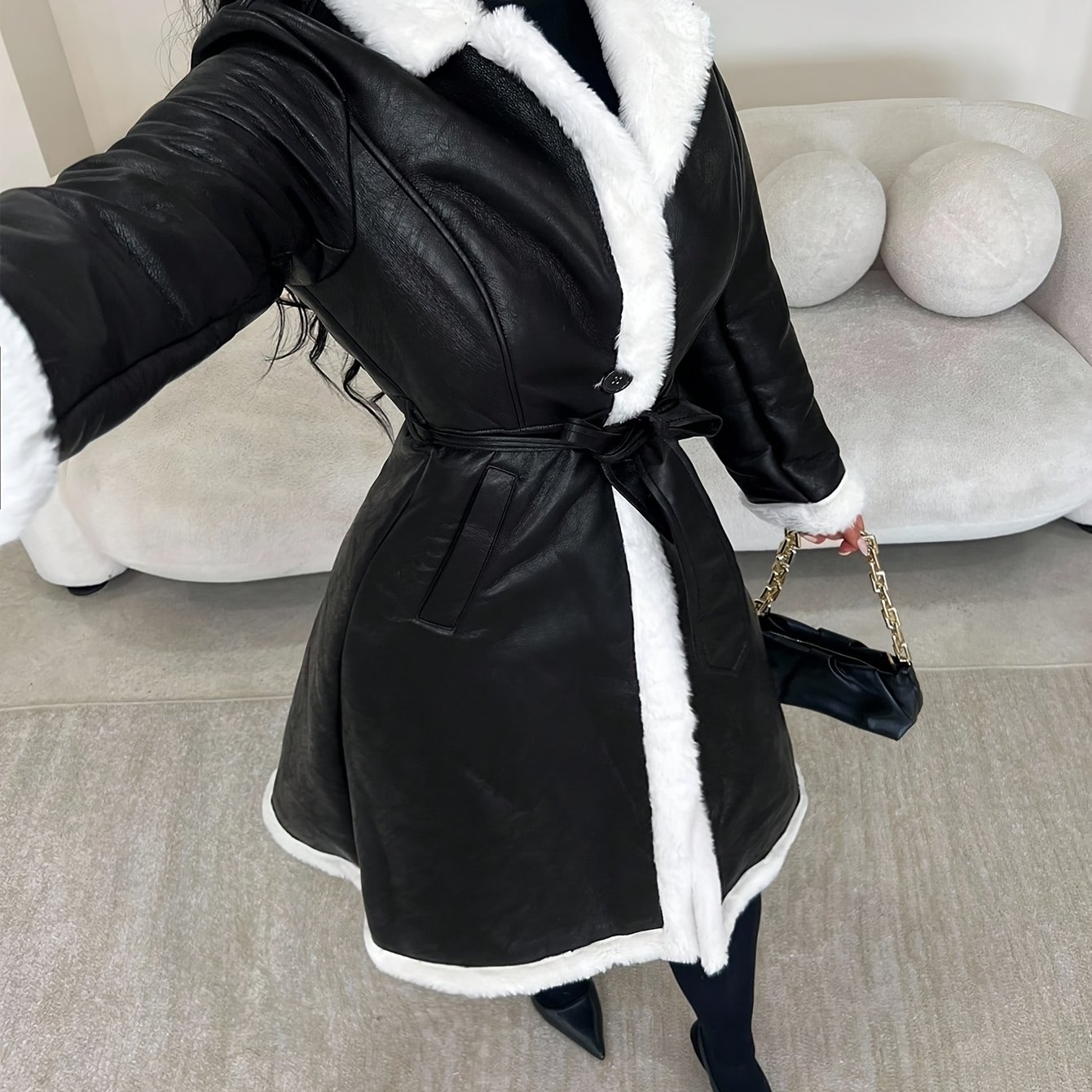 TEMU Trade New Coat Women's Mid-length 2026 Autumn Winter New Belt Waist-cinching Plush Jacket Thickened Zh0002