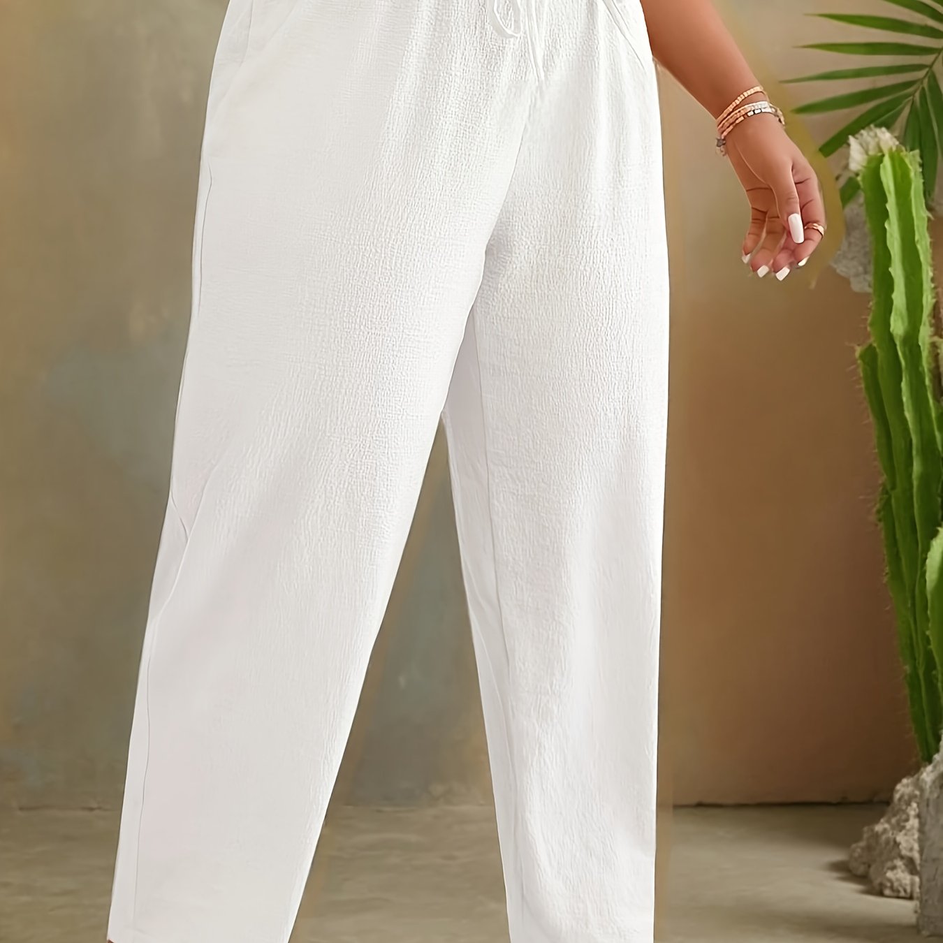 E-shop Plus Size - Plus Size - Richtungsweisender Stil Schnürung Plus Size Mode Einfarbig High-Waist Weite Beine Freizeit Hosen Lange Hosen