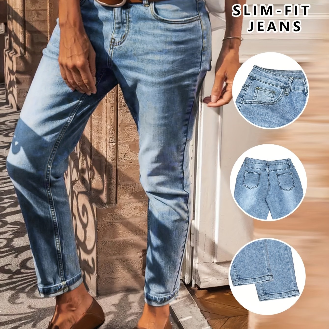 Image of Jeans Women's Mid-high Waist Dad Jeans, Light Wash Skinny Mommy Trousers, Casual All-match