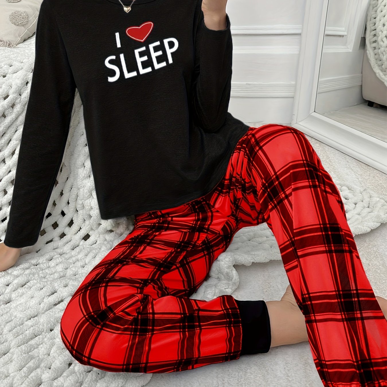 Image of Autumn And Winter Women's Pajama 2pcs Set, Long Sleeve And Long Pants With Cute Cartoon Heart And Letter Print, Pants Casual Loungewear Sleepwear Set