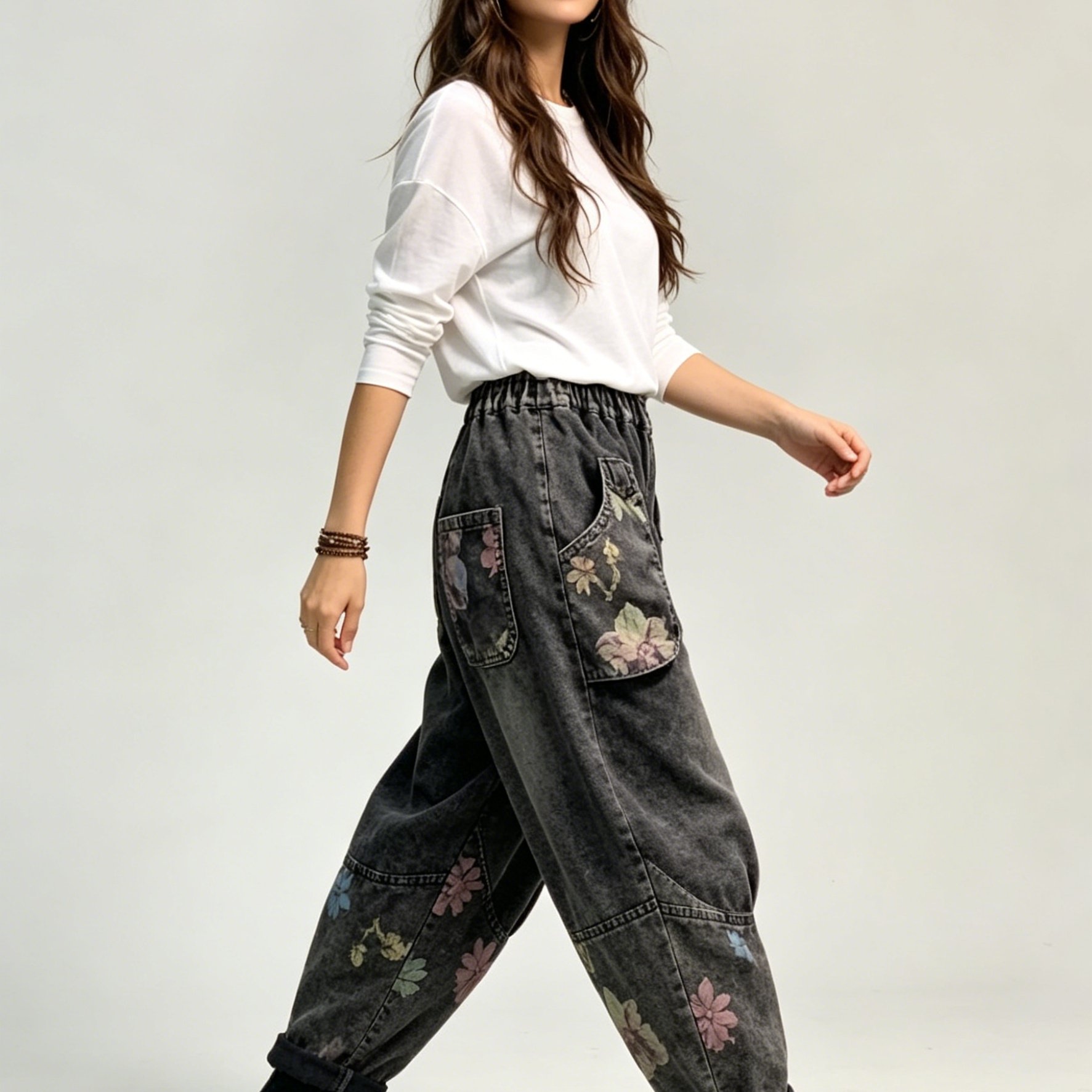 TEMU Women's Elastic High Waist Floral Print Harem Jogger Pants, Big Side Patch Pockets Loose Baggy Ankle Trousers, Vintage Washed Relaxed Fit Casual