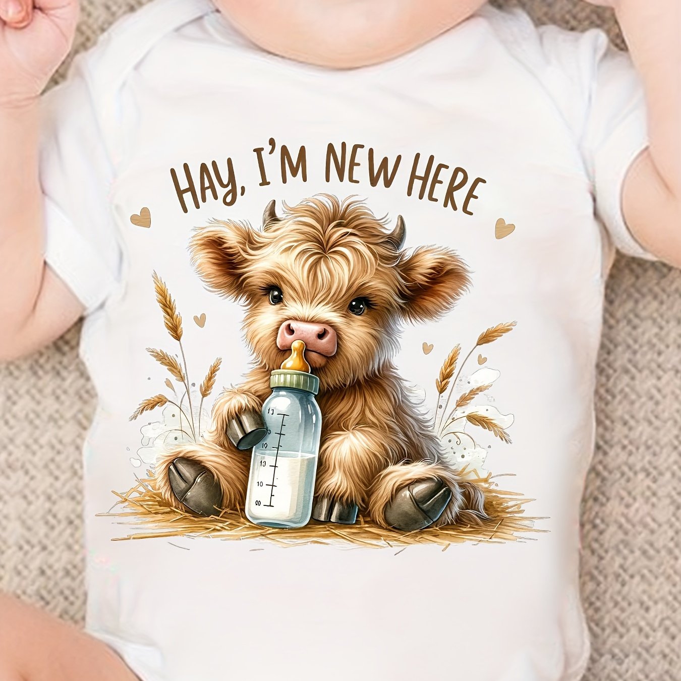 Image of Adorable "hay I' Here" Baby Bodysuit With Cute Cow Print - Soft Polyester, Short-sleeved Romper For , Perfect For Newborns, Perfect For Outdoor