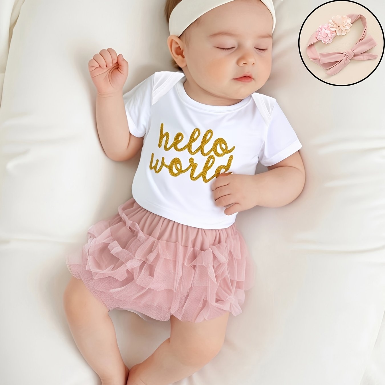 TEMU 3pcs Adorable Newborn Baby Girl Outfit Set - Cotton Blend "hello World" Bodysuit With Ruffle Shorts And Matching Headband, Regular Fit, Cotton Spandex, For Outdoor