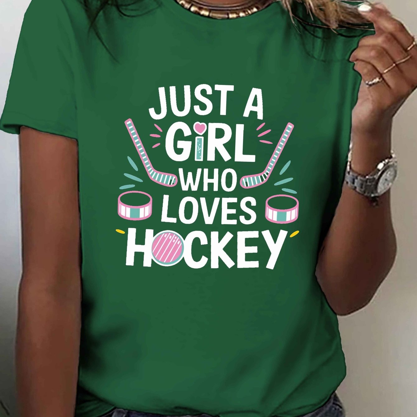 TEMU Who Hockey Print T-shirt, Short Sleeve Crew Neck Casual Top For Summer & Spring, Women's Clothing