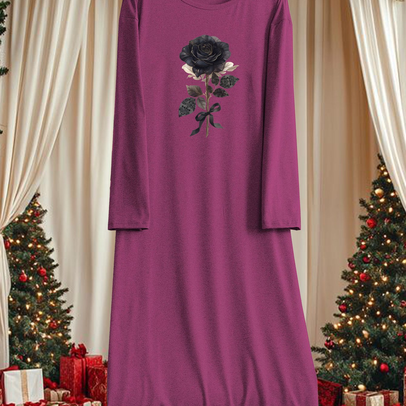 TEMU Women's Plus Size Autumn/winter Valentine's Day Black Rose Crew Neck Long Sleeve Lounge Dress