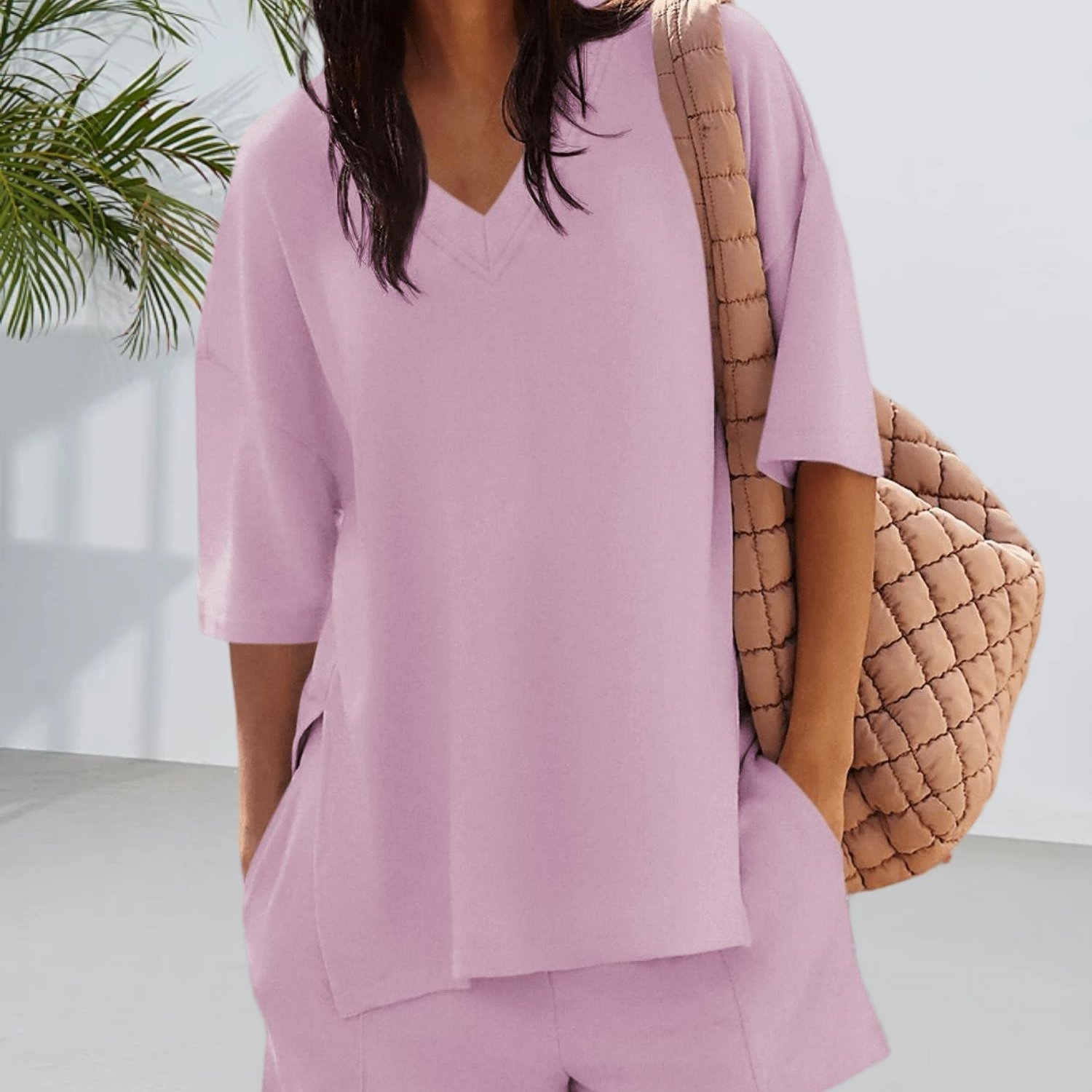 Summer Two-piece Sets For Women Featuring Oversized Tops With 3/4 Sleeves And Elastic Waist Shorts That Come With Pockets
