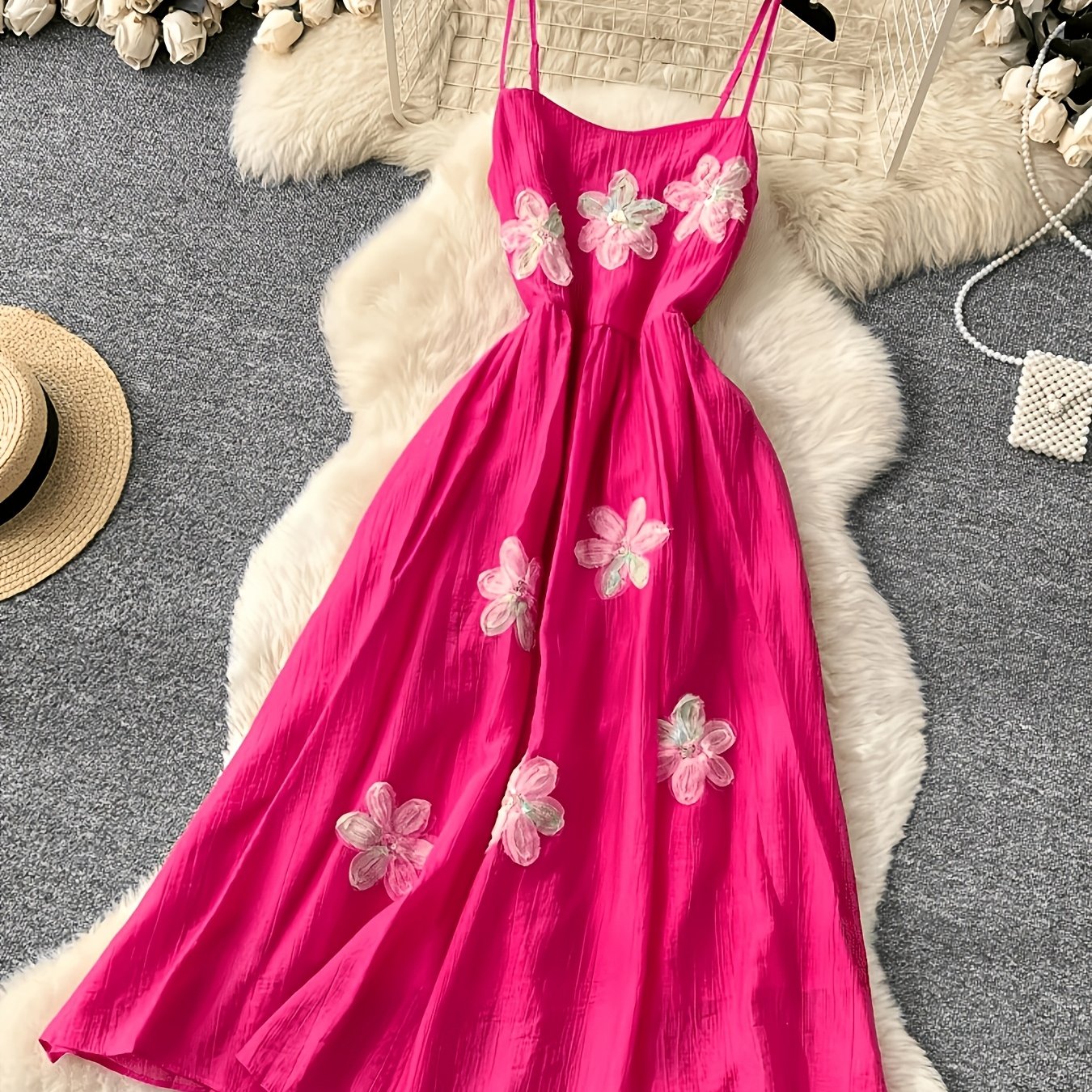 TEMU Floral Embellished Waistline Dress