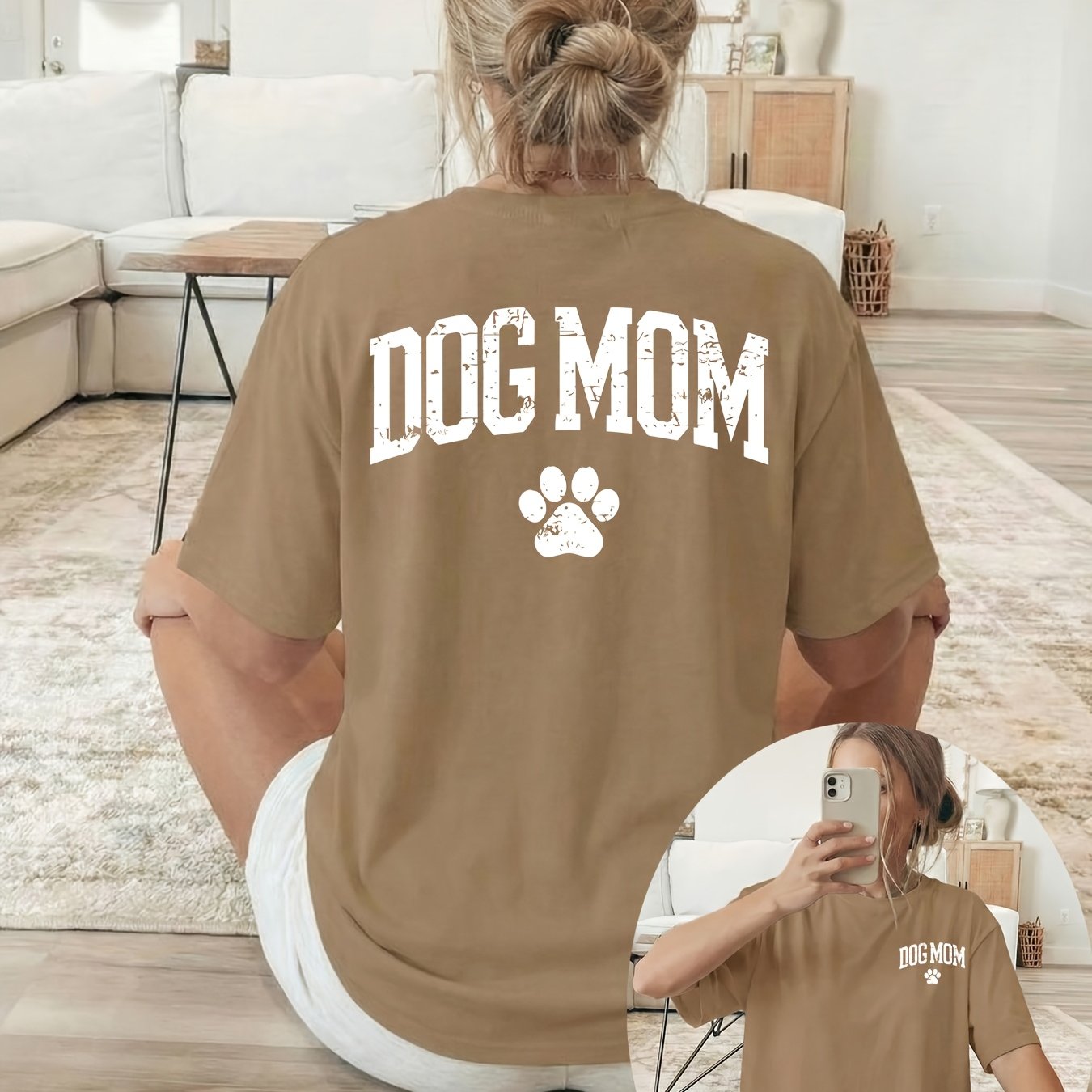 TEMU White "dog Mom" Print With Paw Print Pattern On Front And Back, Short-sleeve Crew-neck Casual Top, Suitable For Women's Spring And Summer Wear