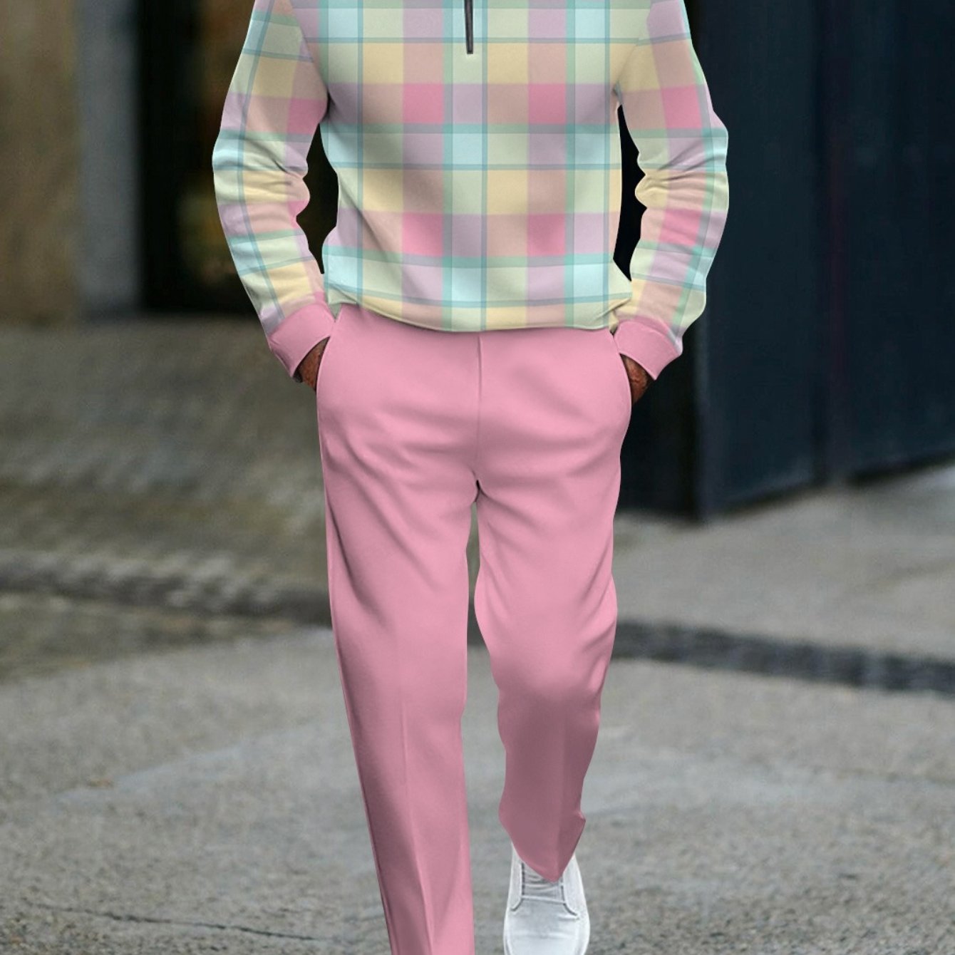 Image of Men's Casual Outfit Set Featuring A Trendy Half-zip Sweatshirt With A Colorful Design And Solid Pink Pants, Perfect For Street Style