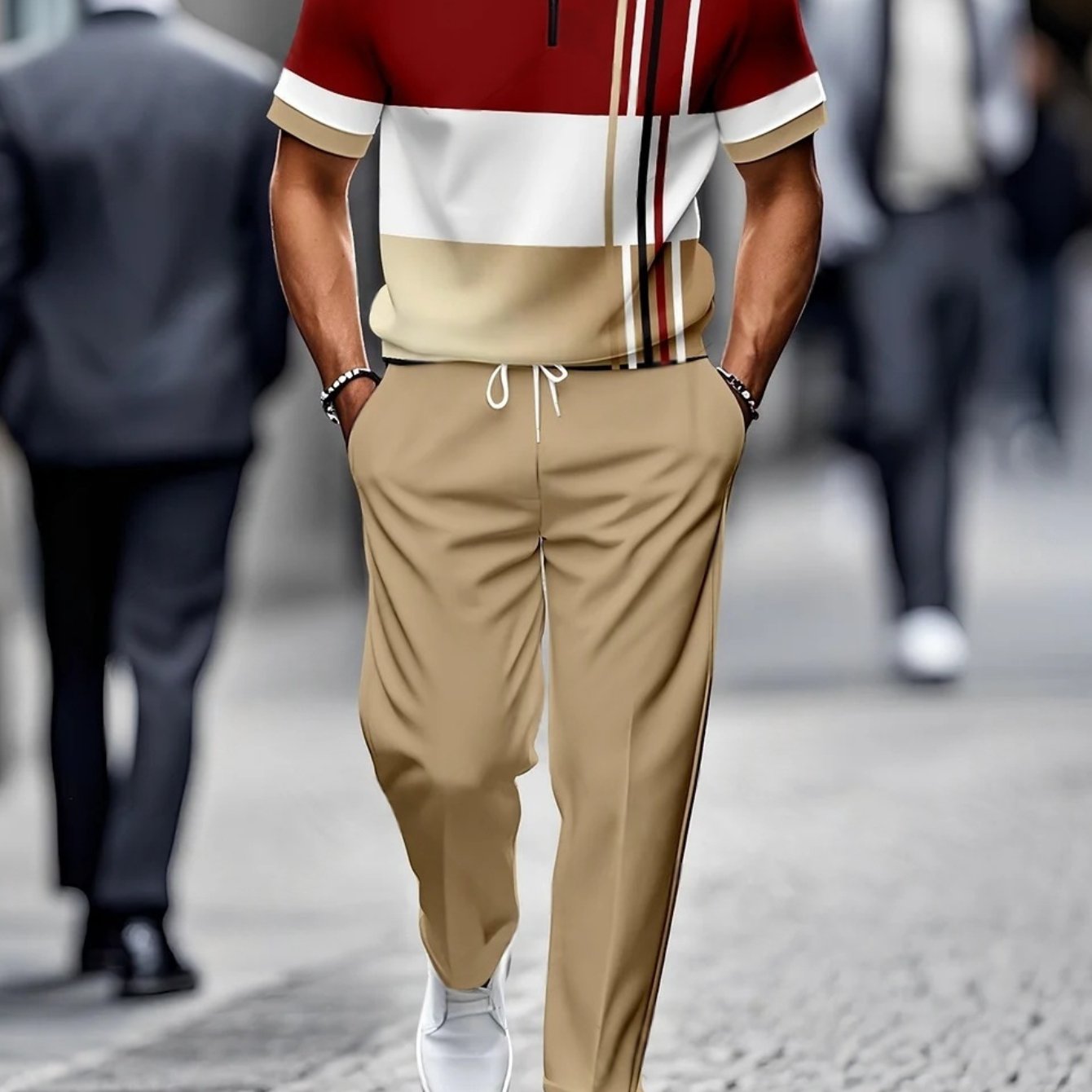 Image of Two-piece Set [new Summer Release] Men's Casual Fashion Loose Stand Collar Half-zip Short Sleeve And Pants Sports Set - Short Sleeve Top And Pants