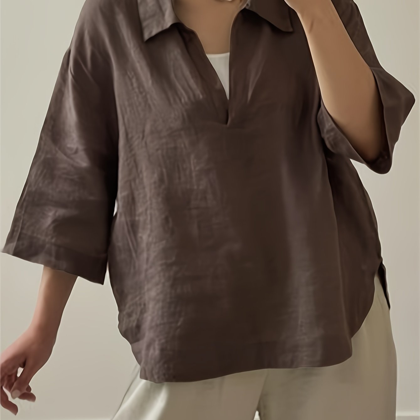 Loose Solid Color Short-sleeve V-neck Pullover