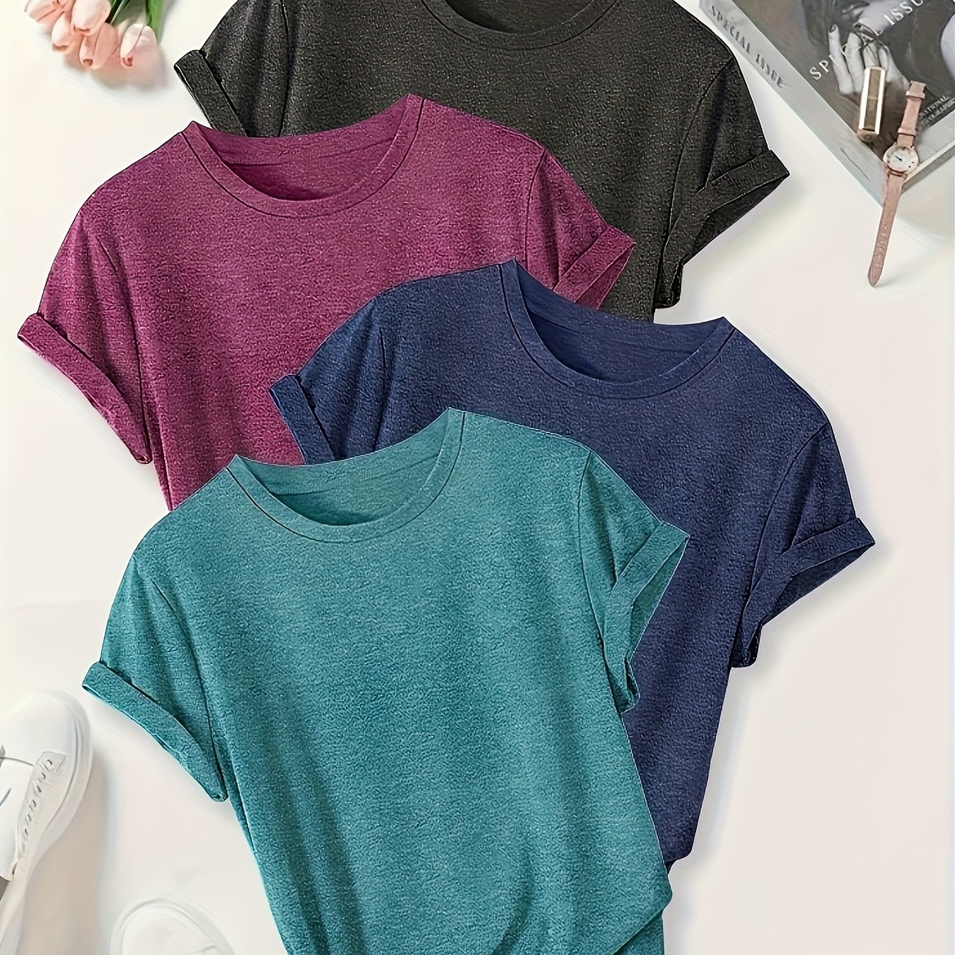 E-shop 4er-Pack Damen-T-Shirts mit kurzen Ärmeln – Weiche, leichte, einfarbige Basic-Blusen mit Rundhalsausschnitt, geeignet für Freizeitkleidung,