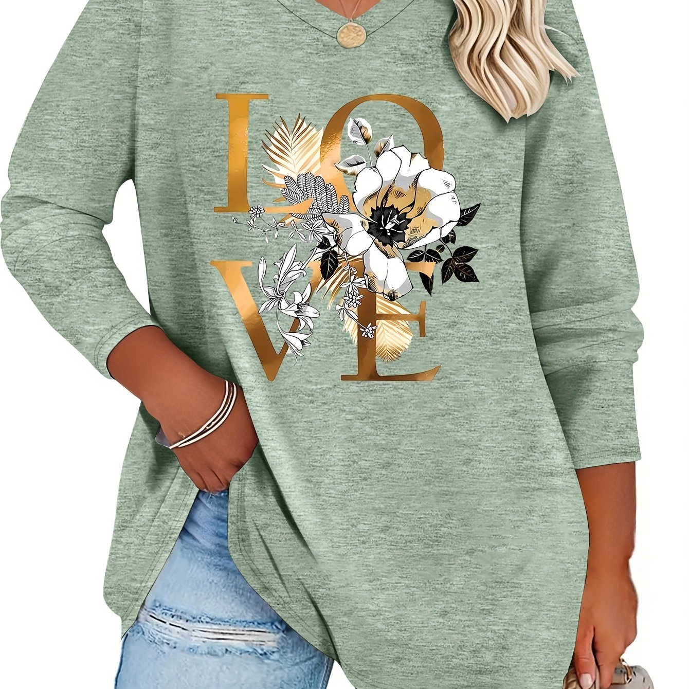 TEMU Plus Size - Plus Size - Autumn And Winter Plus Size Women's Fashion Letter V-neck Long-sleeved T-shirt, Rayon Component - To Care For, Machine