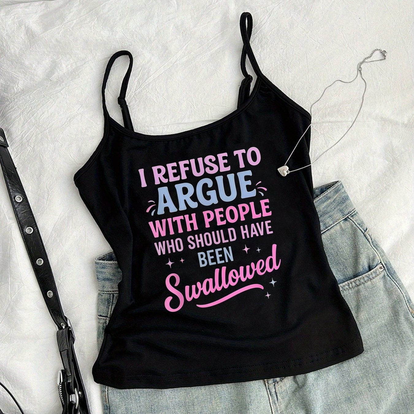 TEMU Americanstyle Roundneck Camisole With I To Argue, Emotional Pattern, Y2k Retro Hot Outfit, Adjustable Straps, Women's Summer New Style Short