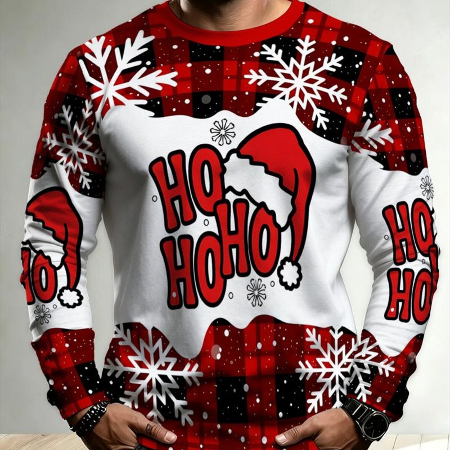 TEMU Men's Christmas Theme Long Sleeve T-shirt, Festive " Ho" And Santa Hat Design, Suitable For Holiday Parties And Casual Wear, Comfortable And