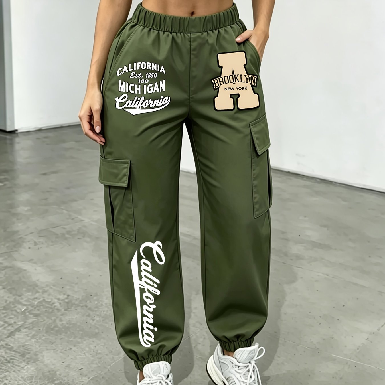 TEMU New Arrival - Women's Long Pants, Sold Individually, Printed, Multi-pocket Cargo Pants Style, Long Pants For Fashionable Aged 18-25, Machine