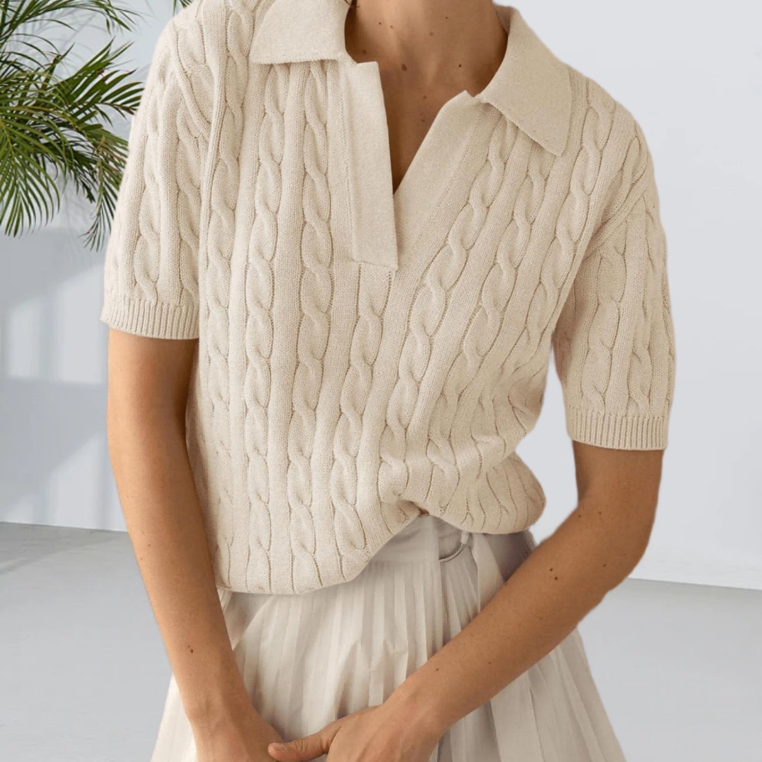 Image of Women's Soft Cable Sweater Short Sleeve Blouse-compatible Lapel Pullover Shirt - Solid Color Casual Spring Summer Tops Suitable For Daily Wear, Office & Layering, Hand Washable Sweater