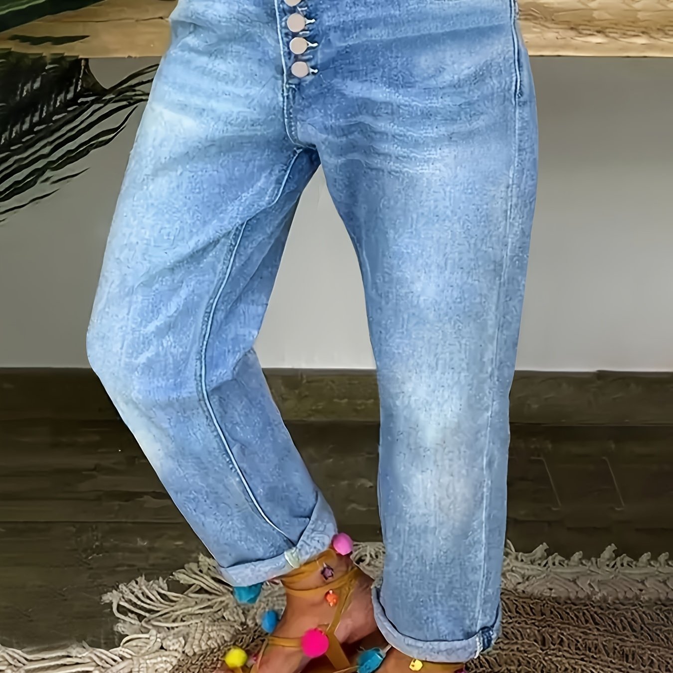 Image of Women's 2026 High-waist Loose Jeans, Washed Blue Wide-leg Denim Trousers With Pockets, Comfortable Boyfriend Style Pants With Single Row Button Design, Street Style Ladies' Clothing