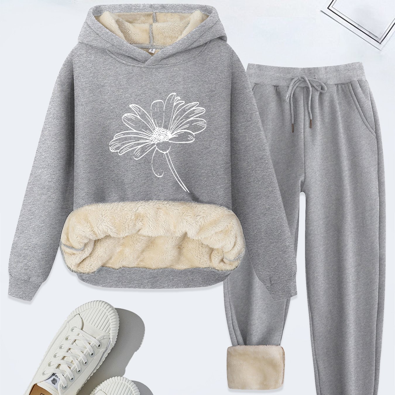 TEMU 2026 Daily Comfortable Autumn And Winter Casual Women's Wear Featuring A Easy Floral Print, Thickened Fleece-lined Hoodie With Drawstring, And