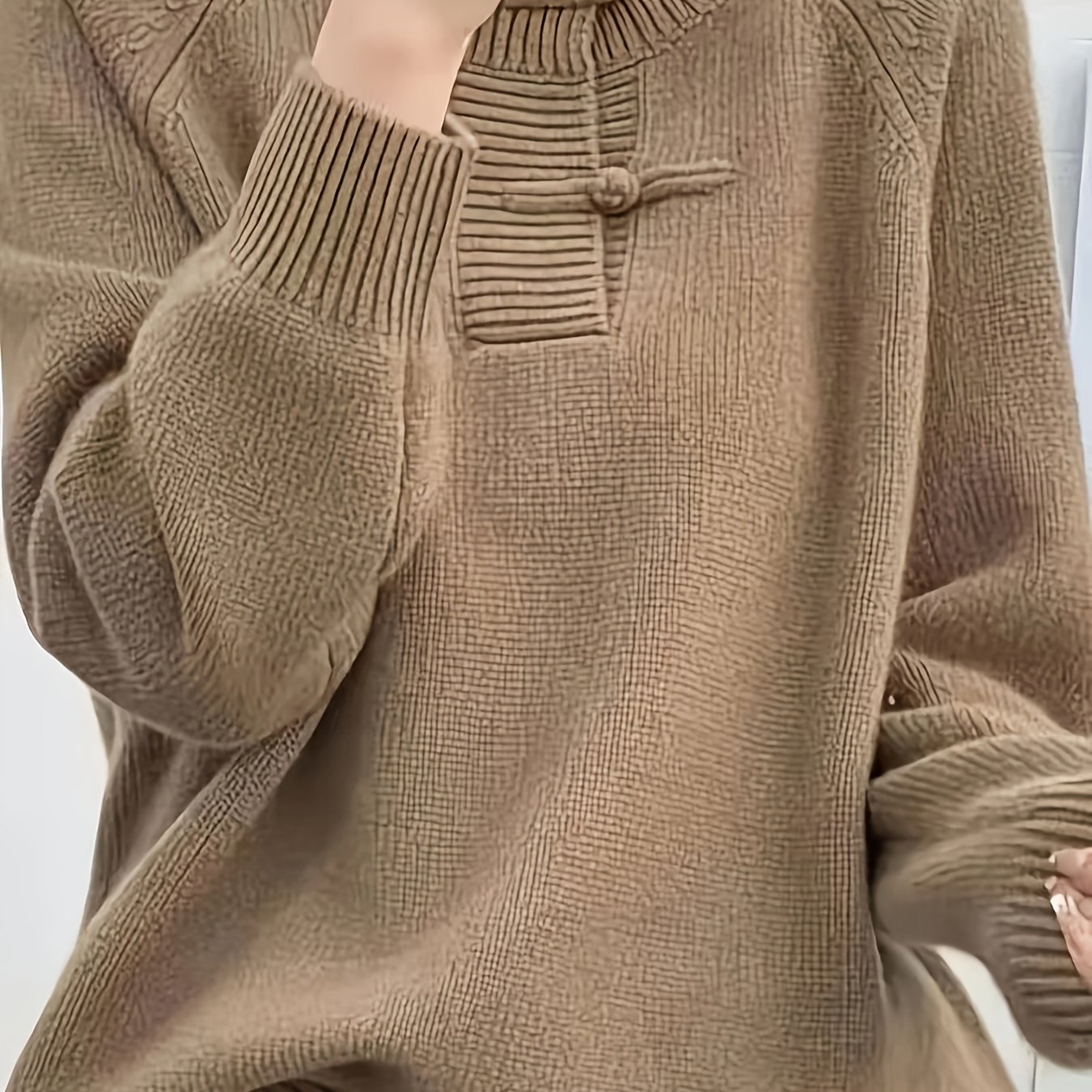 TEMU Plus Size, Relaxed Pullover Long Sleeve Slightly Loose Fit Rebound Drop Shoulder O-neck Single Button Half Open Vintage Sweater