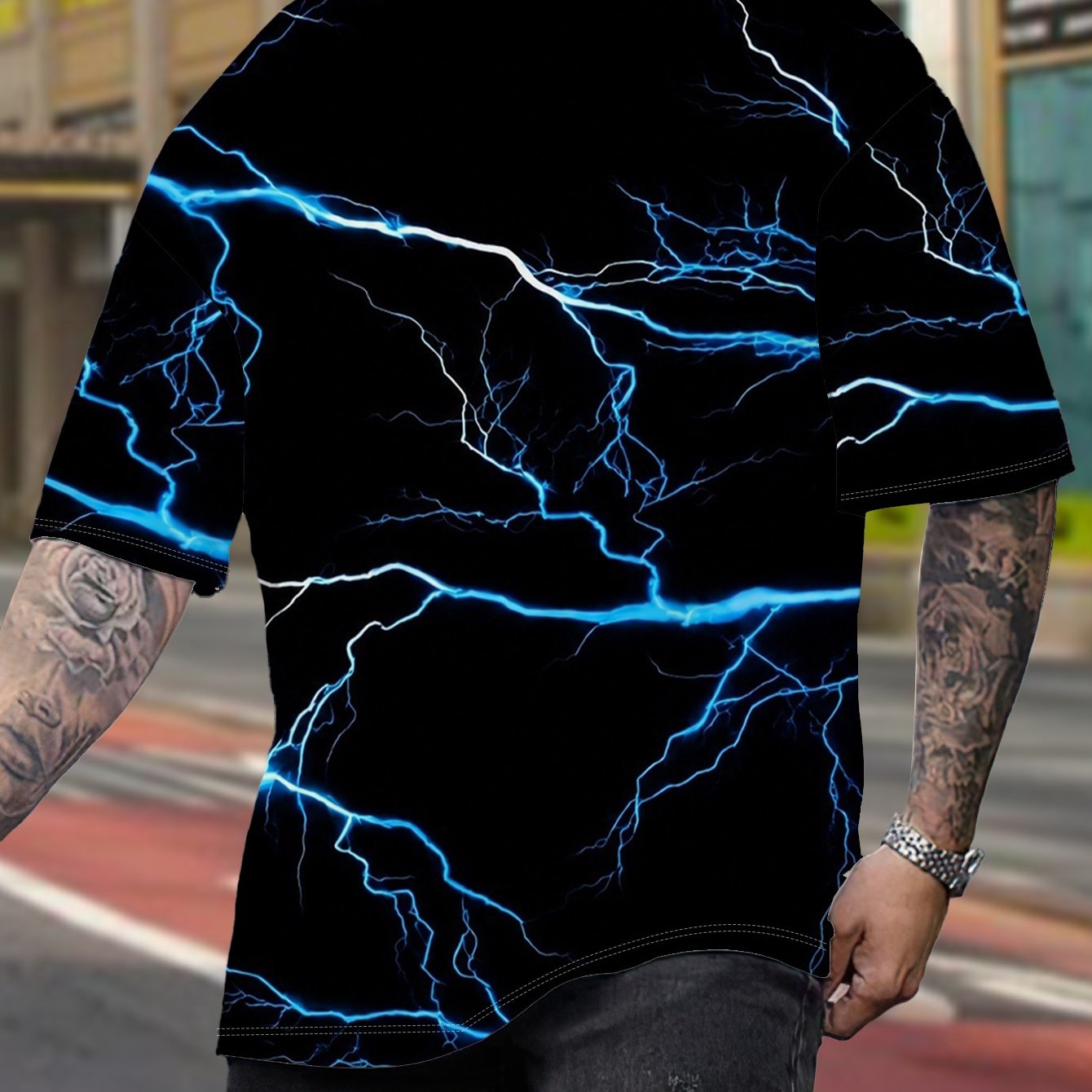 TEMU Men's Plus Size Oversized Lightning Print T-shirt - Breathable Summer Short Sleeve Round Neck Casual Top With Lightning , Suitable For 1xl-9xl,