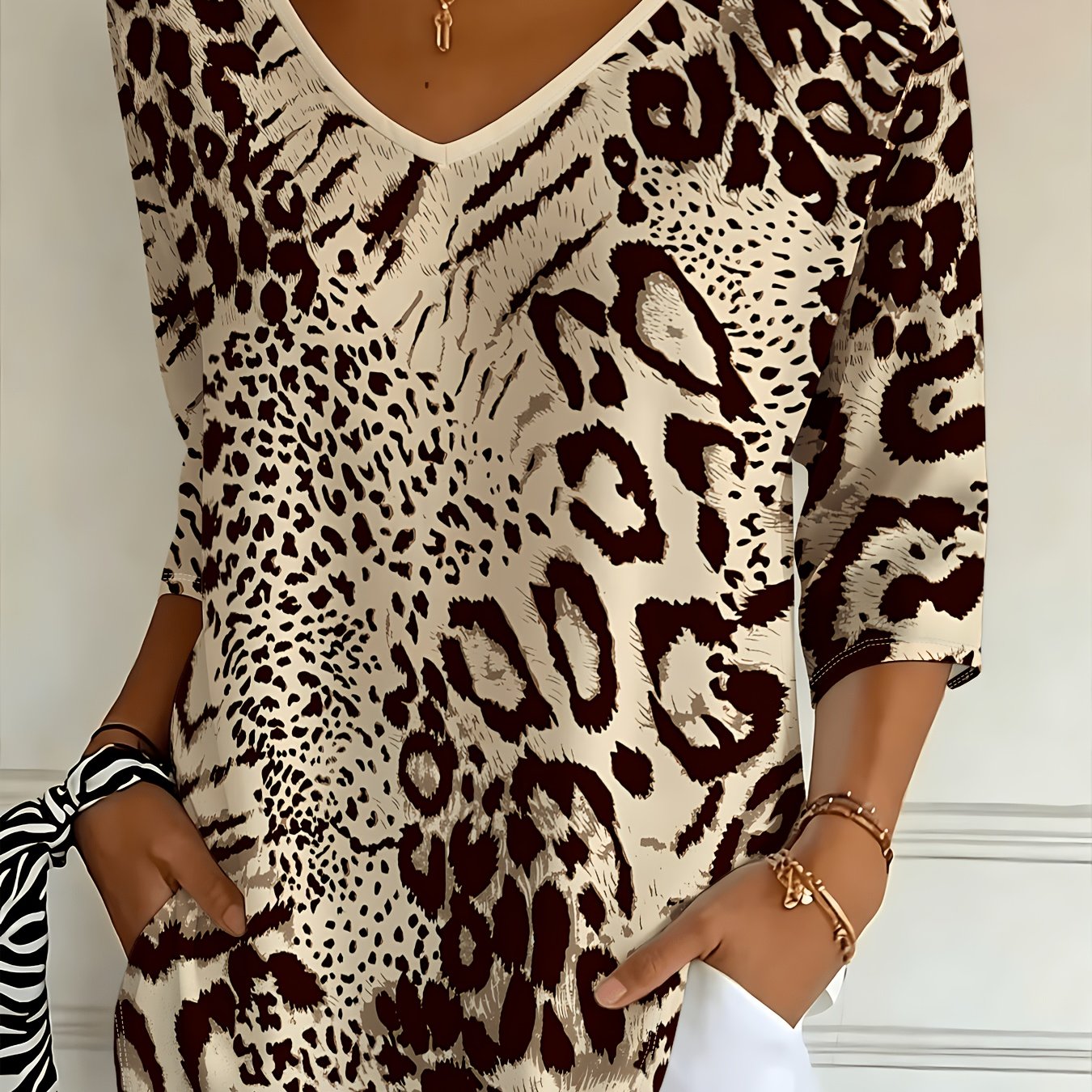 TEMU Women's V-neck Three-quarter Sleeve Loose- With Brown Leopard Print On A White Background