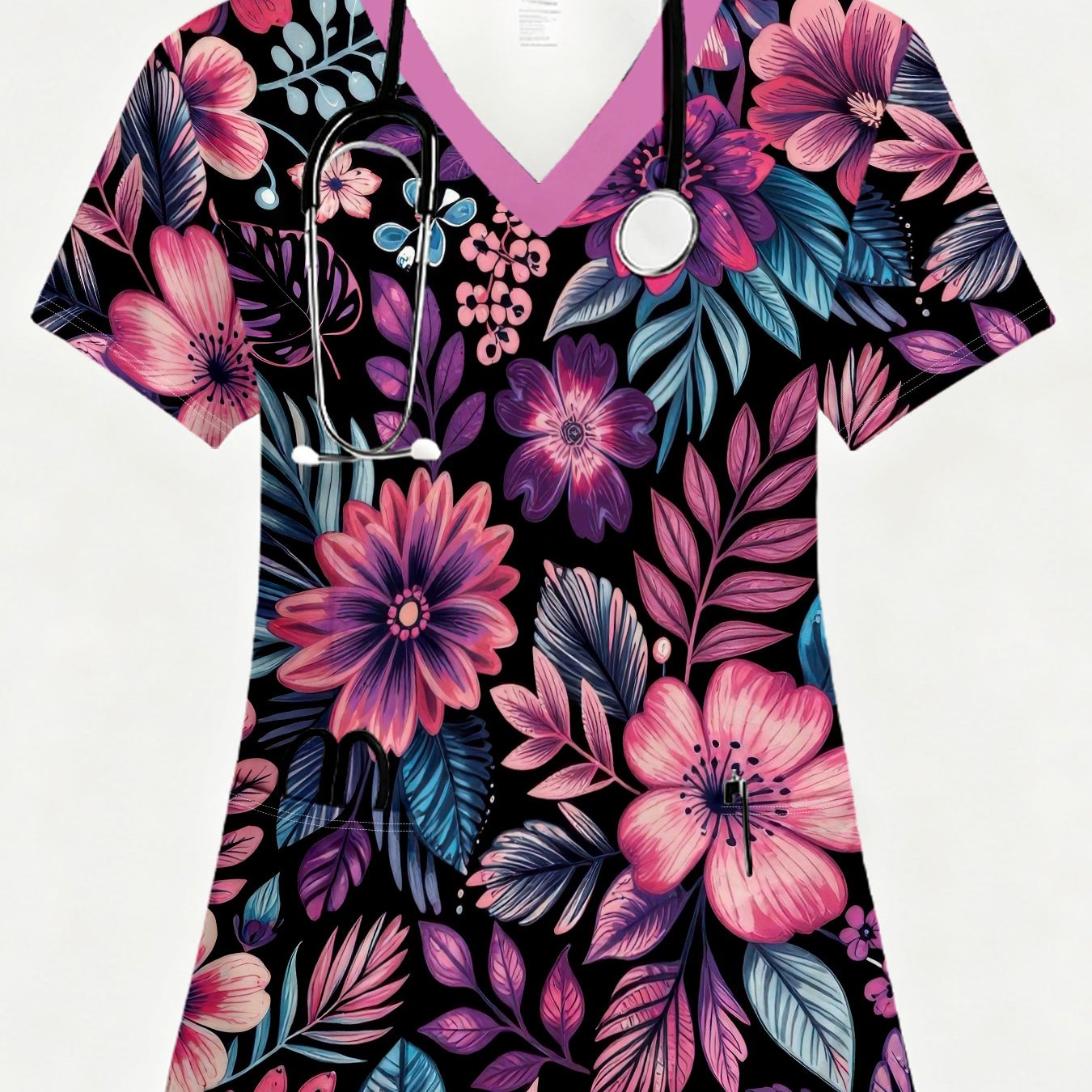 TEMU Une robe d'infirmière conçue avec une base blanche et une impression intégrale, dotée de deux poches et d'un col en V. Elle met en valeur un