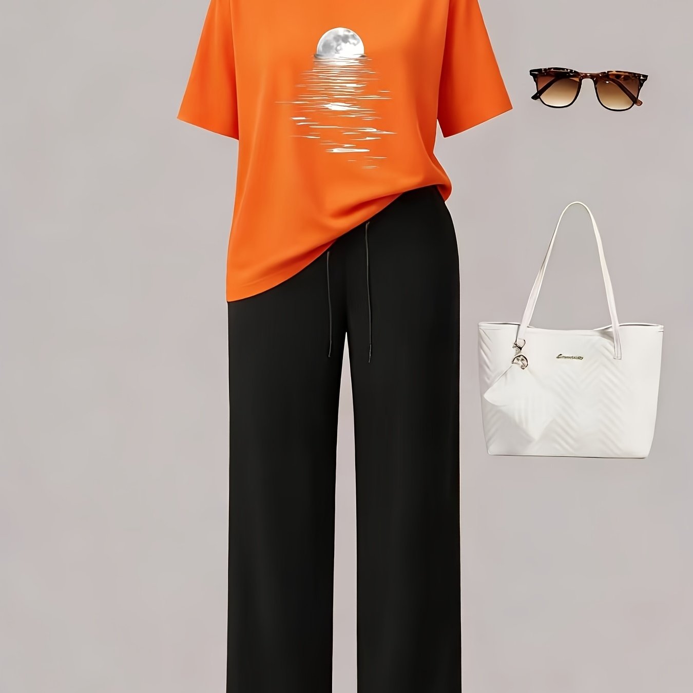 TEMU Ensemble Pièces Femme : T-Shirt Manches Courtes Imprimé et Pullover avec Pantalon Droit Détendu Uni, Pantalon à Cordon et Poches, Tenue