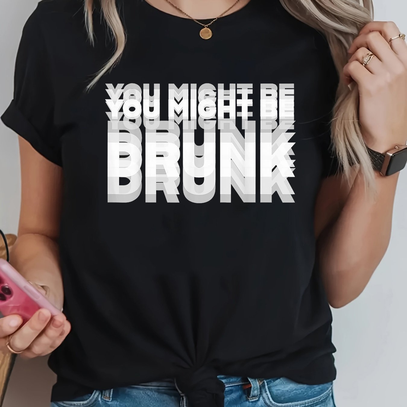 TEMU You Drunk Letter Print T-shirt, Short Sleeve Crew Neck Casual Top For Summer And Spring, Women's Clothing