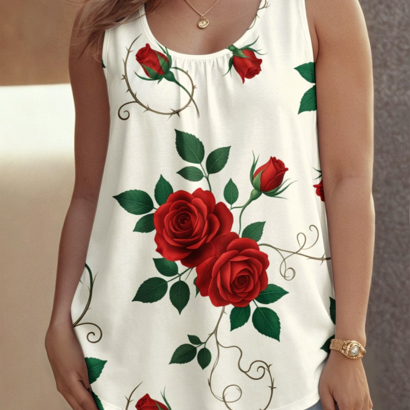 TEMU Plus Size, Women's Plus Size Sleeveless Crew Neck Tank Top - Red Roses & Print Breathable Elegant Suitable For Home, Beach, Travel | Non- Plus