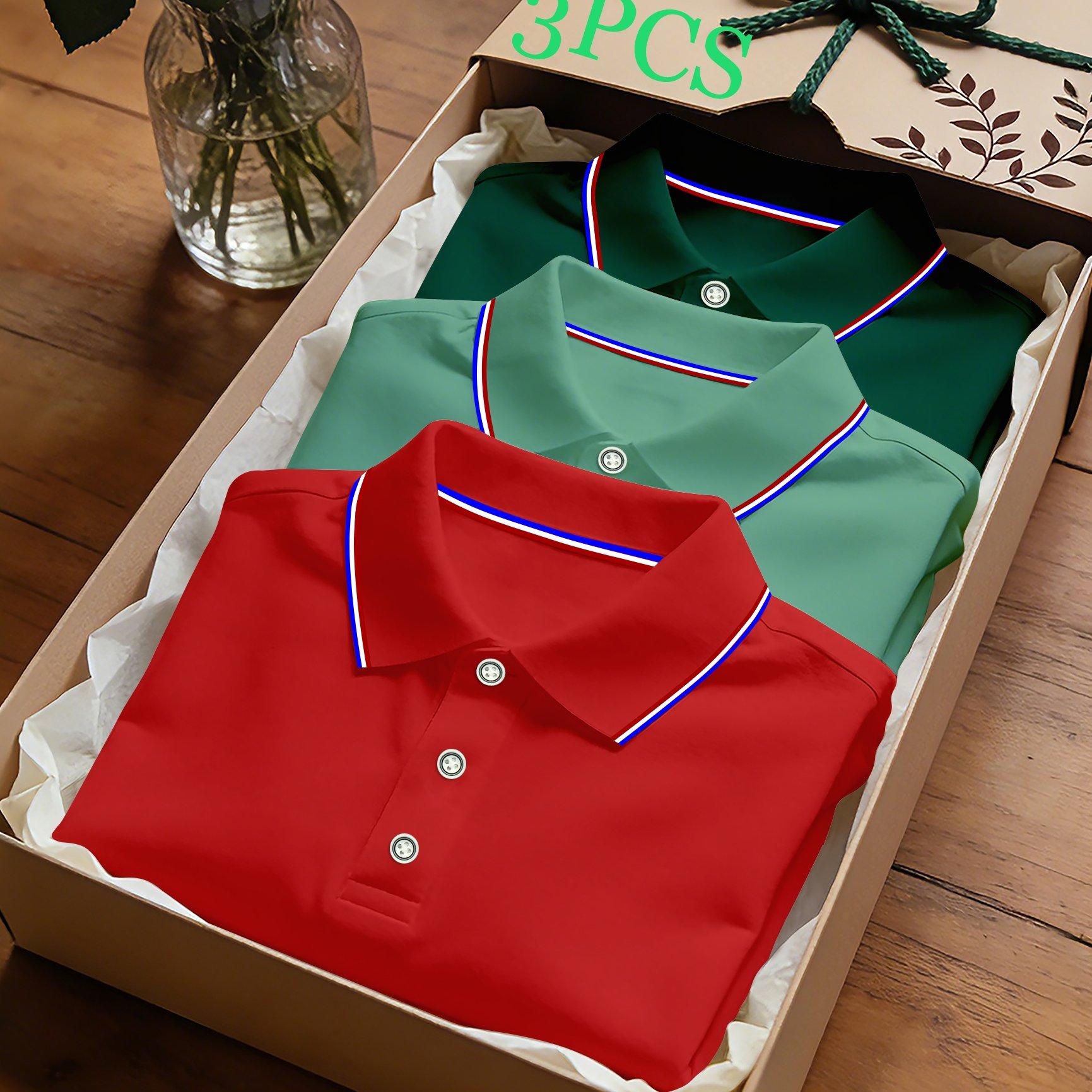 TEMU Ensemble 3 pièces, Polo d'été à manches courtes pour homme avec revers rayé, Couleur unie, Polo multicolore en option, Vêtements de sport
