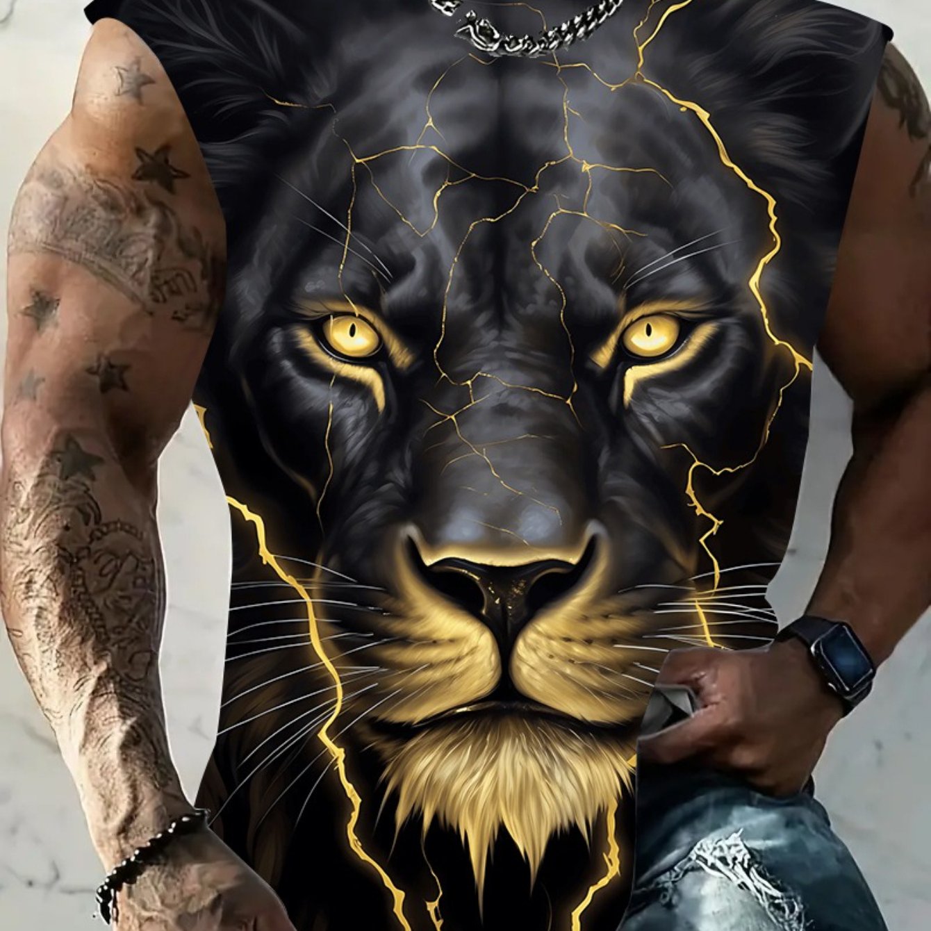 TEMU [printed Design - Not Textured] Men's Top With Printed Tiger Pattern, Plus Size