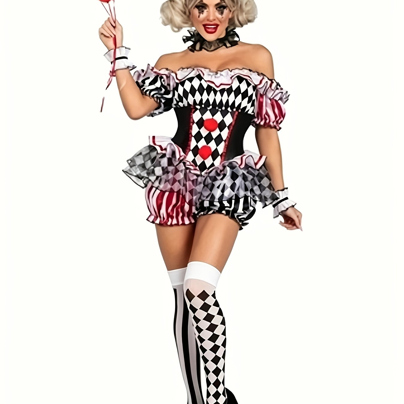 TEMU Costume de clown pour femme Halloween Noël COS Cosplay Uniforme de jeu de rôle Tenue de spectacle Fête Robe de clown polyvalente (Comprend un