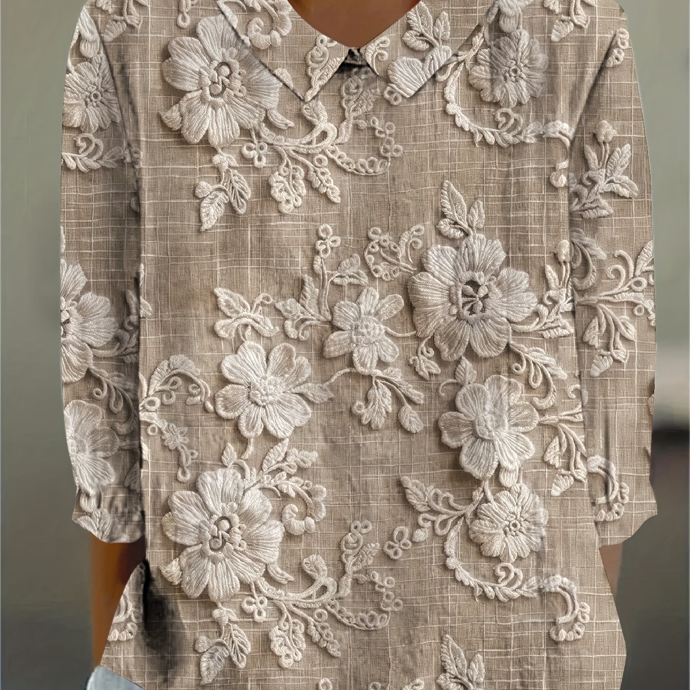 Shimida Women's Four-season Vintage Floral Shirt, Vacation Daily Wear Loose Fit -quarter Sleeve Top With Lapel